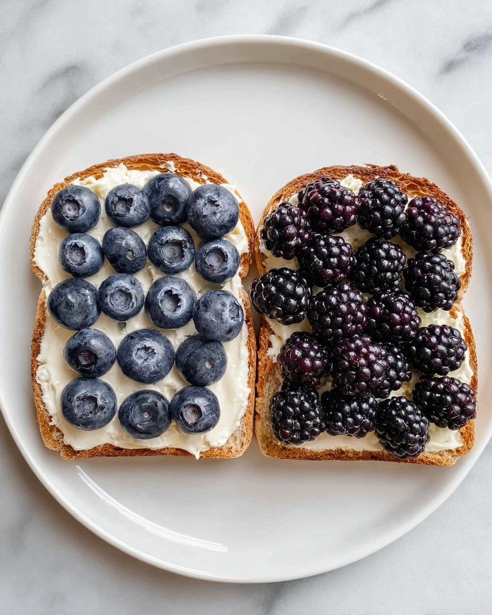Two pieces of toast are placed on a white marbled surface. Each slice has a thick layer of white cream spread evenly across it. The top piece is covered with fresh, plump blueberries that are deep blue with a slight shine, and they are tightly packed to cover the cream fully. The bottom piece is topped with large, shiny blackberries that have a dark purple-black color and a glossy texture, also fully covering the cream. The toast edges are golden brown, showing a light crunch. photo taken with an iphone --ar 4:5 --v 7