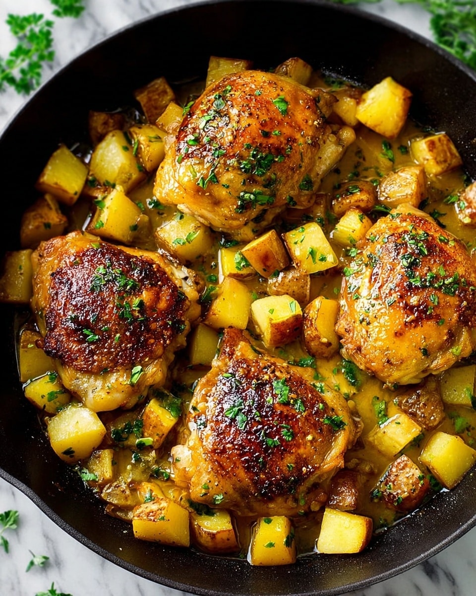A close-up view of a black pan filled with four large golden brown roasted chicken thighs as the top layer, each with a crispy skin and sprinkled with small green herb pieces. Beneath and around the chicken thighs, there are chunky pieces of browned roasted potatoes that show a warm yellow and light brown color with some herbs sprinkled on them. The background shows faint bits of scattered green herbs and the pan rests on a white marbled surface. There is no woman’s hand in the image. photo taken with an iphone --ar 4:5 --v 7