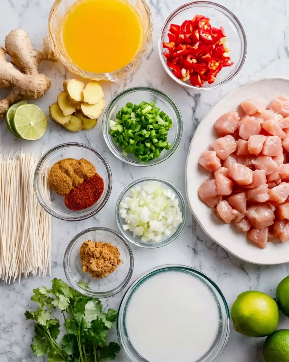 The image shows raw ingredients for a meal arranged neatly on a white marbled surface. There is a white plate with small pink cubes of raw chicken on the right side. Around it, there are small clear glass bowls containing white chopped onions, red chopped bell peppers, chopped green onions, brown sugar, and a reddish-brown thick paste. Fresh ingredients like whole lime halves, fresh green cilantro sprigs, slices of fresh ginger root, and pieces of garlic are also placed nearby. A large glass bowl with an orange-yellow liquid and a smaller one filled with white coconut milk are near the edges. Thin white noodles lie in a small bundle close to the chicken, creating a colorful and fresh visual mix. Photo taken with an iphone --ar 4:5 --v 7