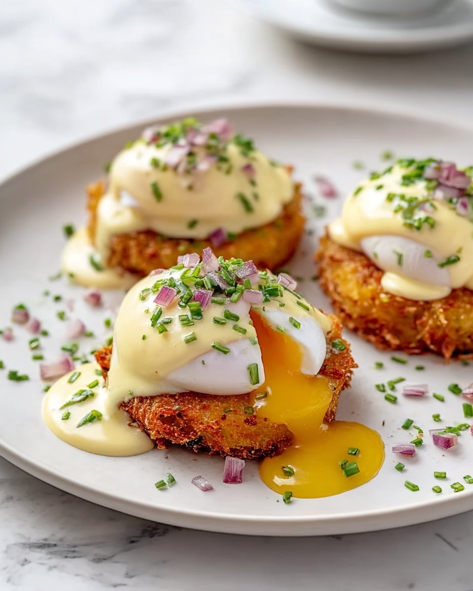 The image shows three servings of a dish on a white plate, placed on a white marbled surface. Each serving has three layers: a crisp, golden-brown potato base with a textured, crunchy look; on top, a smooth, white poached egg with a slightly soft texture; and creamy, pale yellow sauce drizzled over each egg, running down the sides. The eggs are garnished with small pieces of chopped red onion and green chives sprinkled around the plate, adding spots of color. The sauce looks thick and velvety, pooling gently on the plate under the eggs. photo taken with an iphone --ar 4:5 --v 7
