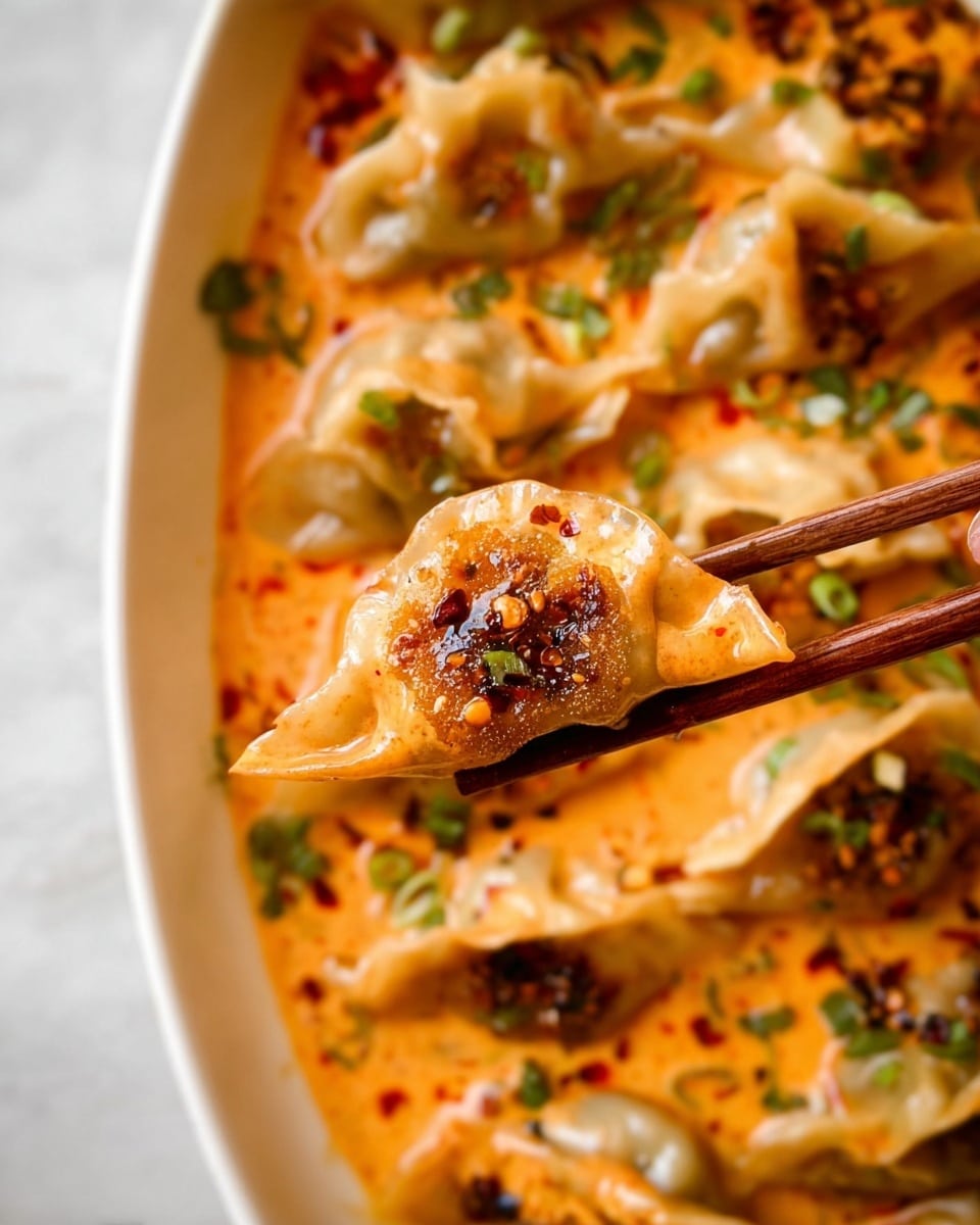 The image shows a white rectangular baking dish filled with eight dumplings arranged in two neat rows, each dumpling partially submerged in a creamy orange sauce with visible oil spots on the surface. The dumplings have a slightly wrinkled texture with some browned areas on top, sprinkled with finely chopped green herbs and small bits of red chili or seasoning, giving a spicy look. Two light brown chopsticks rest inside the dish, gently touching two dumplings near the center. The dish sits on a white marbled surface. Photo taken with an iphone --ar 4:5 --v 7
