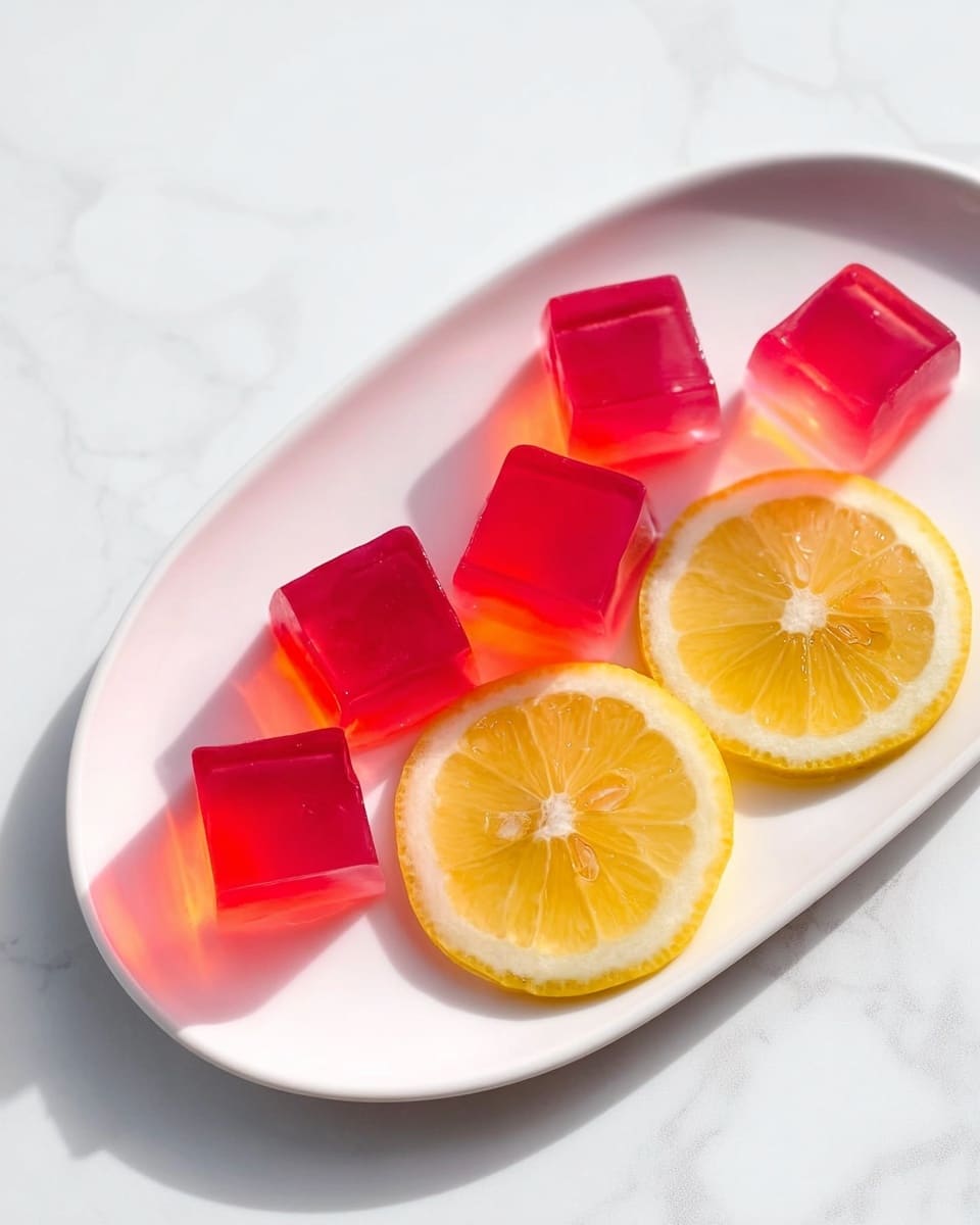 The image shows a white oval plate placed on a white marbled surface. On the plate, there are seven translucent red jelly cubes arranged loosely. Among the jelly cubes, there are two lemon halves, each bright yellow with visible seeds and pulp texture, placed near the center and one end of the plate. The jelly cubes have smooth, shiny surfaces and sharp edges, creating a neat contrast with the lemon halves. The overall look is clean, fresh, and colorful. photo taken with an iphone --ar 4:5 --v 7