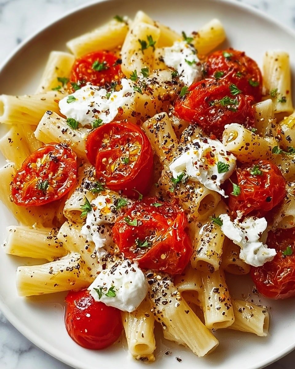 A close-up of a pasta dish served on a large white plate, arranged on a white marbled surface. The pasta is short and tube-shaped, pale yellow with a smooth, slightly glossy texture, forming the base layer. Scattered on top are whole and sliced cherry tomatoes in bright red, some with a roasted, slightly wrinkled skin that adds a textured and shiny contrast. Small white dollops of creamy cheese rest on the pasta and tomatoes, adding soft smooth texture. The dish is sprinkled with freshly ground black pepper and small green herb leaves, adding specks of black and green evenly across the surface, creating a vibrant and fresh look. Photo taken with an iphone --ar 4:5 --v 7