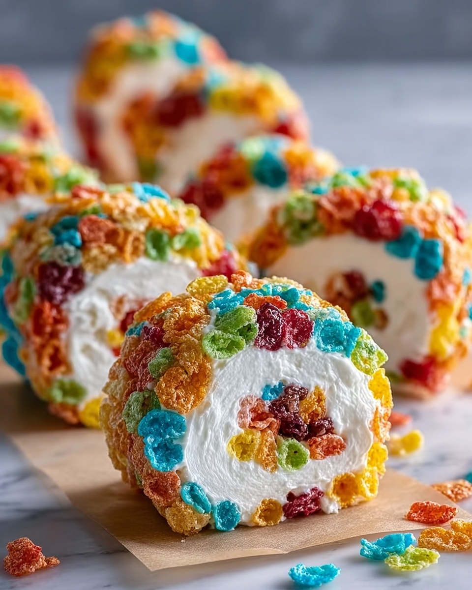 The image shows a close-up of colorful dessert rolls arranged in a row on a piece of parchment paper set on a white marbled surface. Each roll has two main layers: the inside layer is a bright white creamy filling, smooth and fluffy, while the outside layer is covered in vibrant, multicolored cereal pieces in red, blue, green, yellow, and orange. The cereal creates a crunchy, textured coating that contrasts with the soft cream inside. Scattered cereal pieces are seen around the rolls on the surface. The background is softly blurred with more rolls, keeping the focus on the front ones. photo taken with an iphone --ar 4:5 --v 7