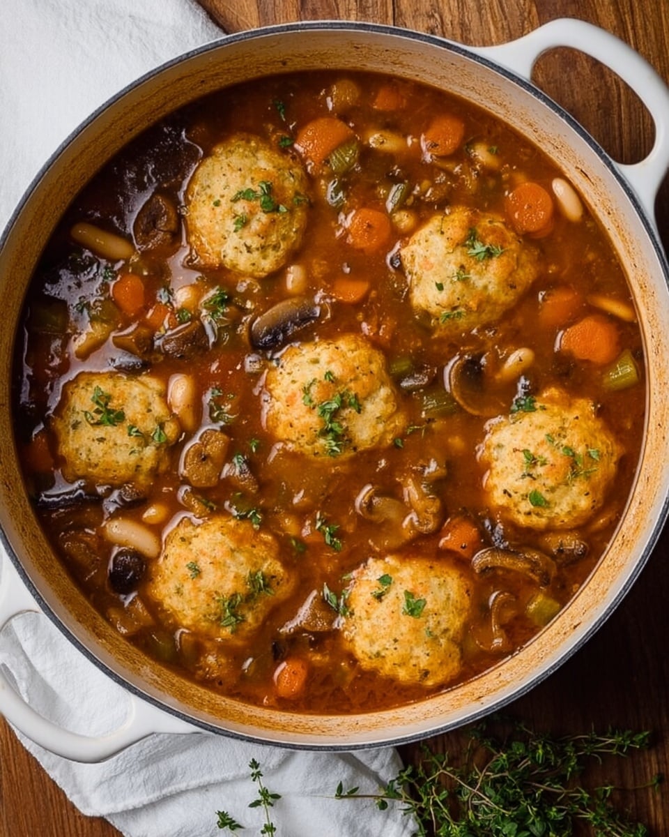 The image shows a white pot filled with a rich brown stew that has a thick texture. Inside the stew, there are round, golden-brown dumplings that float evenly across the top layer. The stew itself has visible slices of orange carrots, pieces of celery, white beans, and some dark mushroom slices, all mixed together in the thick liquid. Small green herbs are sprinkled on the dumplings, adding a touch of color and freshness. The pot is placed on a wooden surface, and a white napkin with fresh green herb sprigs is visible at the bottom right corner. The photo taken with an iphone --ar 4:5 --v 7