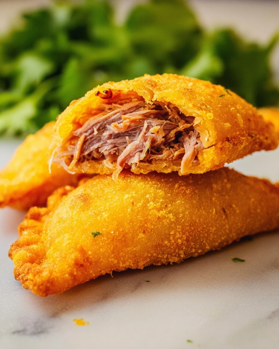 Two golden brown fried pastries are shown on a white marbled surface, each filled with shredded meat that is tender and slightly pinkish-brown. One pastry is stacked on top of the other, revealing the soft, textured meat inside. In the background, there is a blur of green leafy garnish. The focus is sharp on the pastries, highlighting the crispy, crumbly outside and the fibrous inside filling. photo taken with an iphone --ar 4:5 --v 7