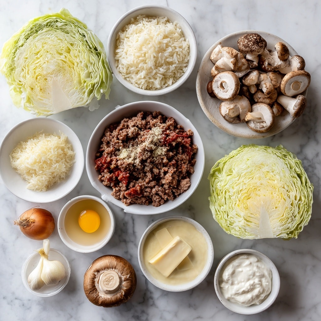 The image shows a white baking dish with six light green cabbage rolls, each wrapped in soft, shiny cabbage leaves that have some browning on top. The rolls are arranged close together and topped with small, brown cooked mushroom slices. Bright green parsley bits are sprinkled over the rolls for color. The baking dish sits on a white marbled surface with a gray cloth nearby, and the background is blurred with green parsley visible. The lighting is bright and natural, highlighting the textures and colors of the food. photo taken with an iphone --ar 4:5 --v 7