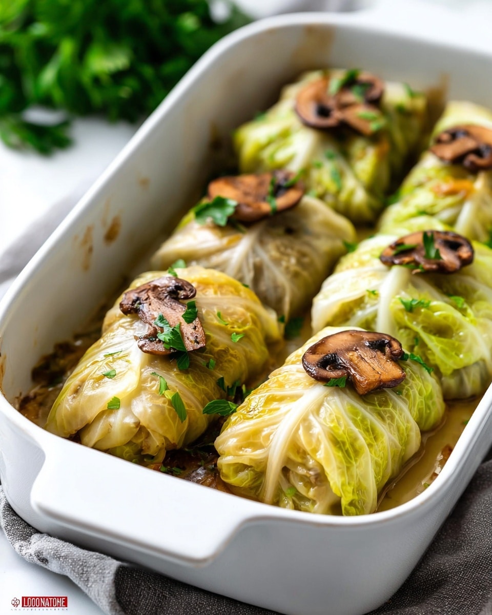 The image shows six cabbage rolls placed inside a white ceramic baking dish. Each roll is tightly wrapped with pale green cabbage leaves showing soft lines and light brown spots from cooking. On top of the cabbage rolls, there are slices of browned mushrooms and small green parsley flakes scattered around, adding texture and color contrast. The dish contains a light brown sauce that pools slightly at the bottom. The baking dish sits on a white marbled surface with green herb sprigs blurred in the background, giving a fresh and clean look. photo taken with an iphone --ar 4:5 --v 7
