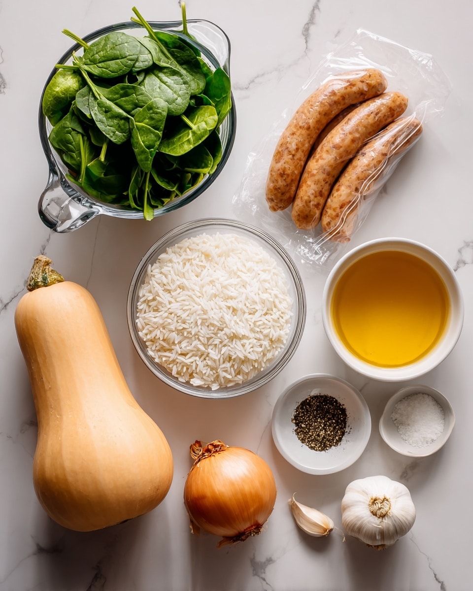 The image shows a variety of ingredients arranged neatly on a white marbled surface. There is a clear glass measuring cup filled with fresh green baby spinach in the top left, next to a pack of chicken sausage in the top right. Below the spinach, a clear glass bowl holds uncooked white basmati rice. To the right of the rice, a white bowl is filled with golden chicken broth, and next to it is a small white bowl with bright yellow olive oil. On the bottom left, a whole butternut squash with a smooth tan skin is placed horizontally. To the right of the squash, there are two garlic cloves and a whole sweet onion with pale yellow skin. In the bottom right corner, a small white bowl contains black pepper and salt side by side. The overall scene is bright and clean with soft natural light. Photo taken with an iphone --ar 4:5 --v 7