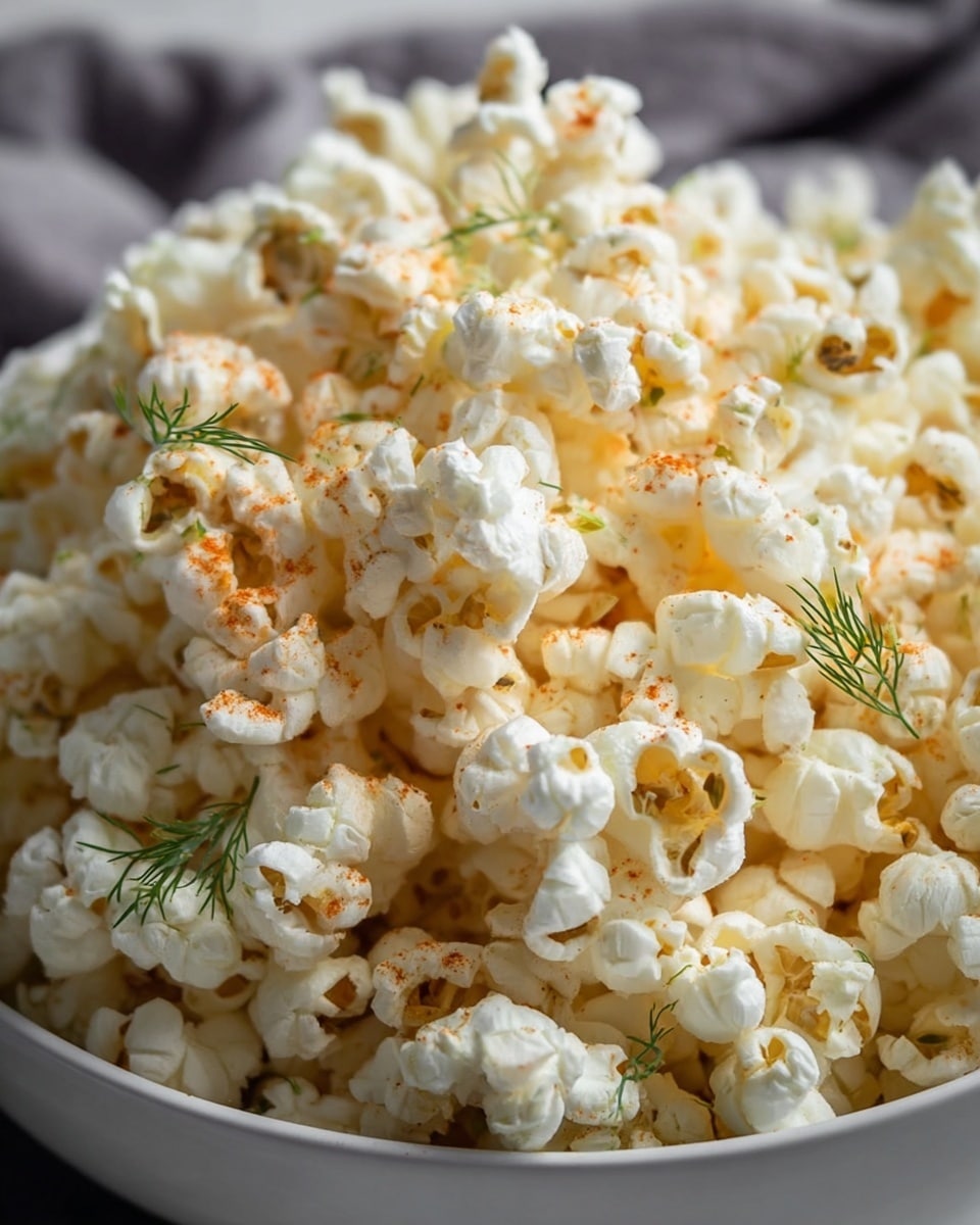 A wooden bowl filled with fluffy white popcorn with light yellow tones, sprinkled with small red chili flakes and topped with a few green dill sprigs, placed on a wooden table. Some popcorn and dill sprigs are scattered around the bowl. In the blurred background, there are yellow corn cobs and a brown bowl with olive oil. The surface is a white marbled texture. photo taken with an iphone --ar 4:5 --v 7