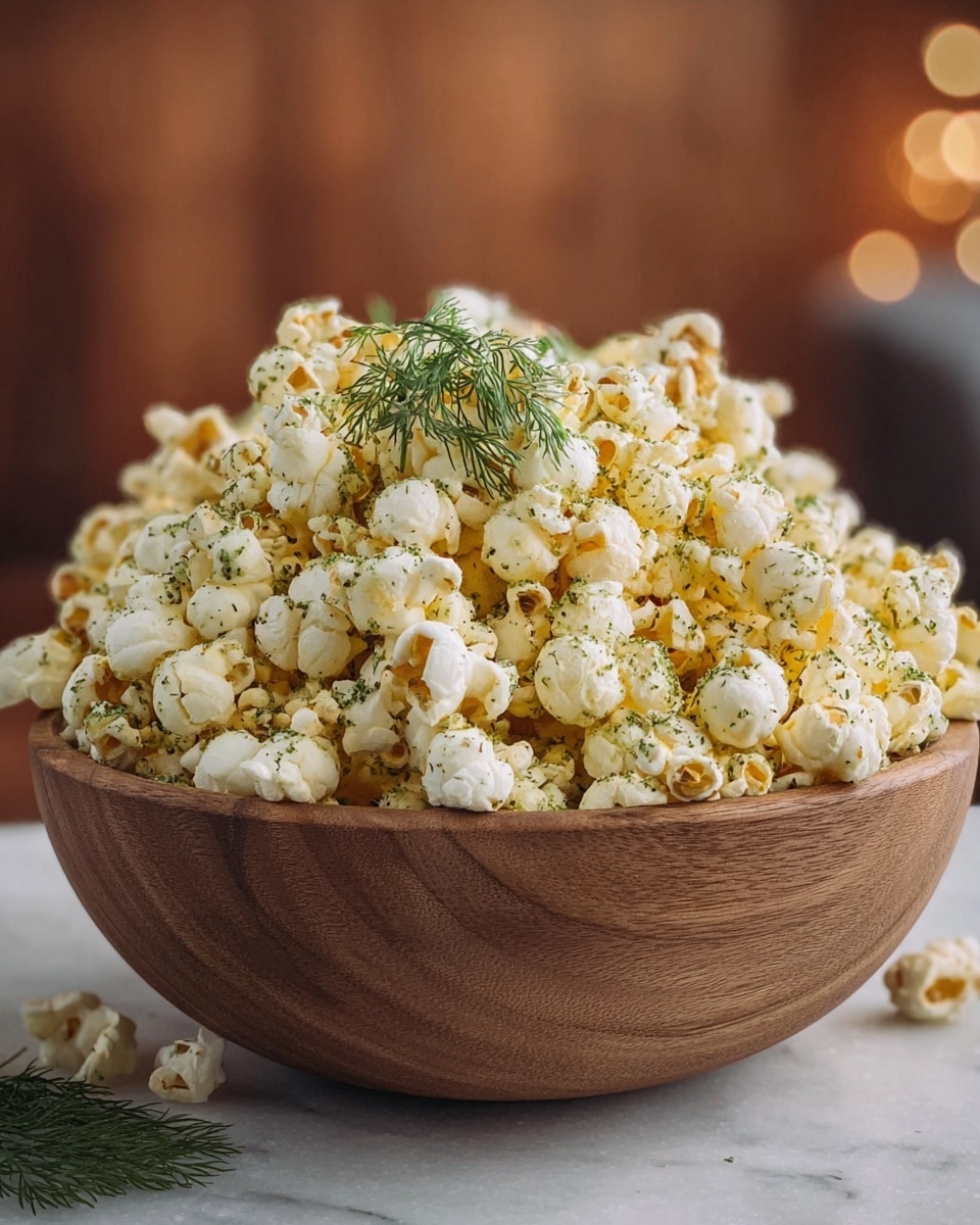 A close-up view of a white bowl filled with a large pile of freshly popped popcorn. The popcorn is white and fluffy with some pieces showing light yellow from the cooking process. There are small green sprigs of dill scattered on top, and a light dusting of orange-red seasoning adds a pop of color over the popcorn. The background is softly blurred, focusing attention on the textured and layered popcorn. Photo taken with an iphone --ar 4:5 --v 7