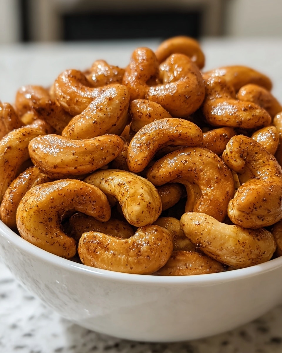A close-up view of a white bowl full of roasted cashew nuts covered with a light brown seasoning that looks like a mix of spices, giving the nuts a slightly shiny and textured surface. The cashews fill the bowl to the top, showing their curved and smooth shapes with specks of dark seasoning evenly spread on them. The background is softly blurred with a white marbled texture, creating a warm and cozy feeling. Photo taken with an iphone --ar 4:5 --v 7