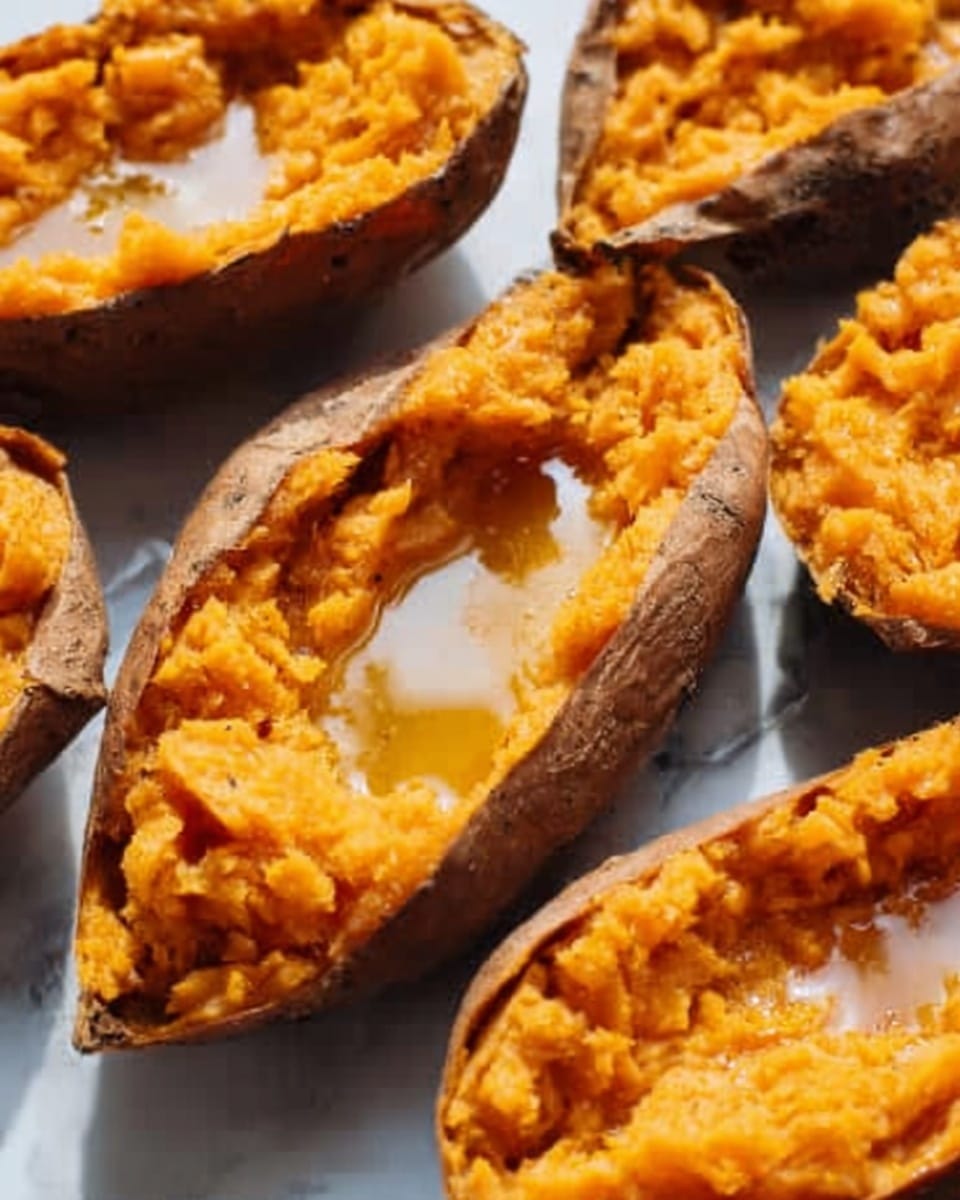 The image shows white marbled surface with several baked sweet potato halves arranged side by side. Each sweet potato half has a soft orange interior that is mashed and textured with small chunks, filling the skins completely. One sweet potato half in the center has a small pool of melted butter on top, which adds a shiny, rich touch to the rough texture of the mashed sweet potato. The skin of the sweet potatoes is dark brown and firm, holding the filling neatly in place. The lighting is bright and natural, highlighting the warm colors and textured details of the sweet potato dish. Photo taken with an iphone --ar 4:5 --v 7