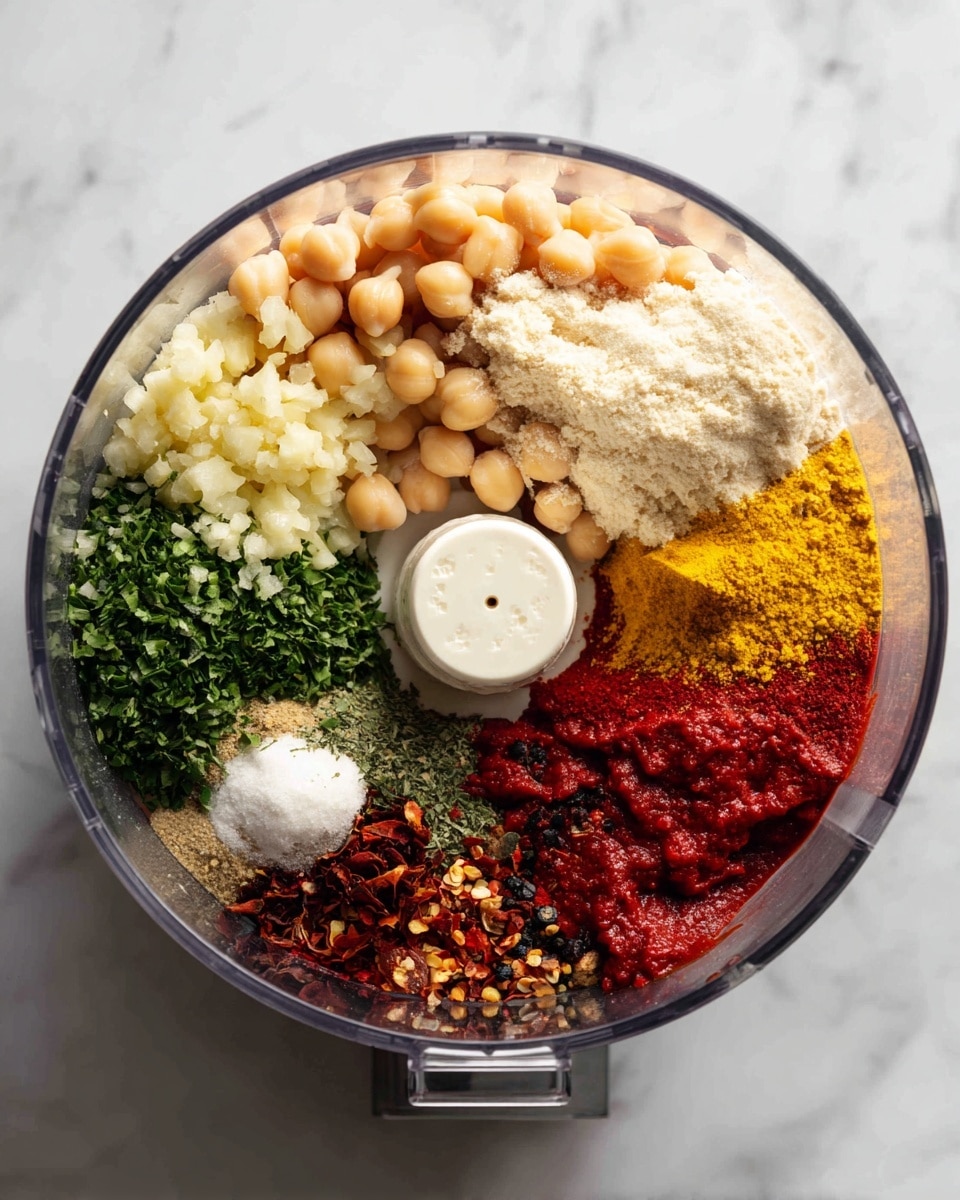 A clear food processor bowl sits on a white marbled surface, filled with seven layers of ingredients arranged separately. Starting from the top left, there is a pile of light yellow minced garlic, next to it is a cluster of pale beige chickpeas. Below the chickpeas is a small pile of finely chopped green herbs, and next to that is a small mound of white salt. Below the salt is a bright yellow powder, with dark red chili flakes positioned just beneath it. To the far left, a thick, deep red sauce fills a large section of the bowl. All ingredients create a colorful mosaic inside the round clear bowl. Photo taken with an iphone --ar 4:5 --v 7