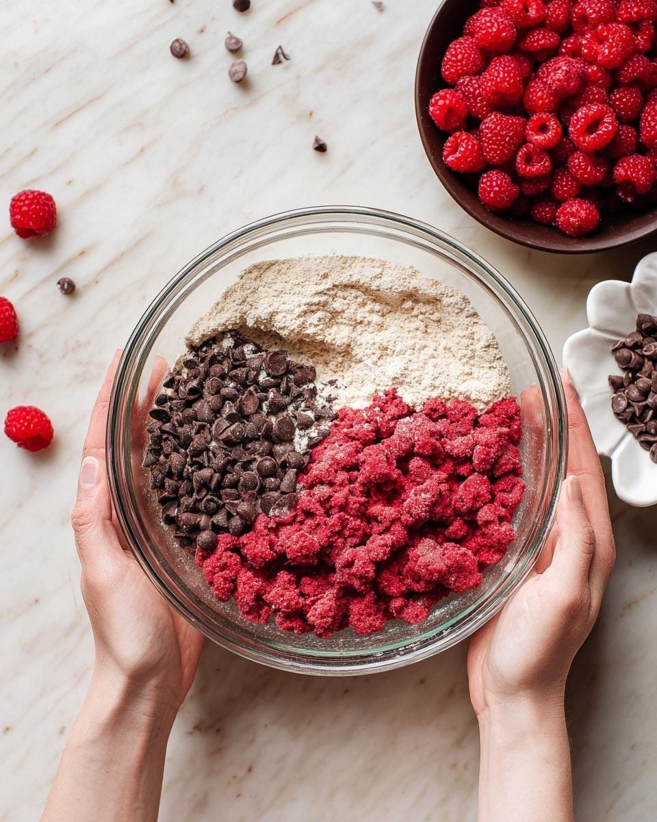 A clear glass bowl is held by two woman's hands, showing four distinct layers inside: the bottom layer is a light brown batter, the next layer is a pale beige dry flour, on top of that is a pile of small dark chocolate chips, and lastly there is a heap of bright red frozen raspberries covering part of the bowl. In the background on a white marbled surface, there is a small white flower-shaped plate with more chocolate chips on the right side, and a dark bowl filled with fresh raspberries above it. A few chocolate chips and raspberries are scattered nearby. Photo taken with an iphone --ar 4:5 --v 7