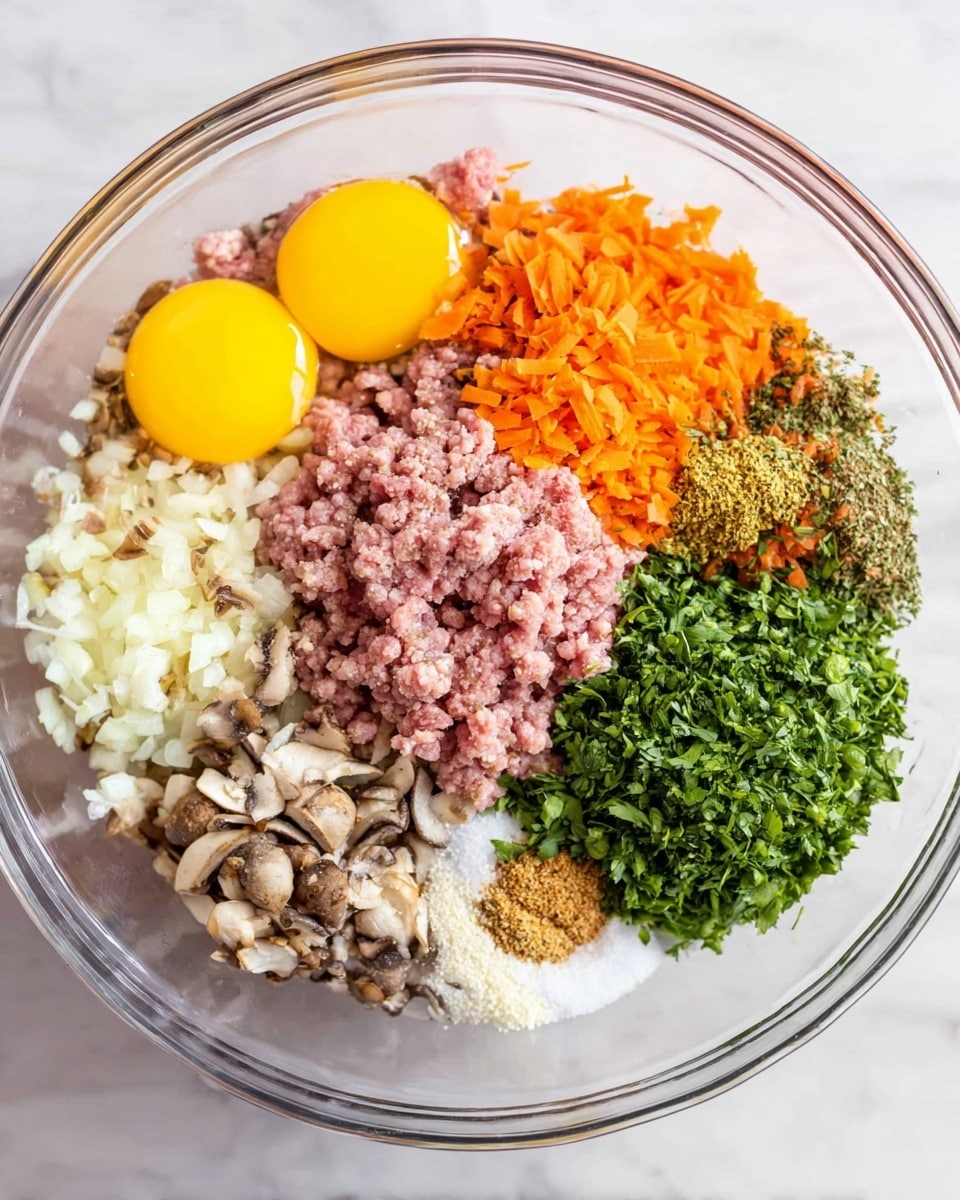 A clear glass bowl on a white marbled surface holds multiple layers of ingredients arranged separately: two bright yellow egg yolks positioned on the left side, beneath them is a layer of pink ground meat, to the right of the eggs lies a mound of finely grated orange carrots, next to it finely chopped light brown mushrooms fill the bottom center, above them small bits of white chopped onions and minced garlic are placed, to the right side fresh green chopped herbs create a large vibrant pile, sprinkled near the herbs are light brown dried spices and a small tan dollop of mustard, with a pinch of white salt sitting on the meat layer at the bottom; all ingredients clearly visible and colorful, photo taken with an iphone --ar 4:5 --v 7