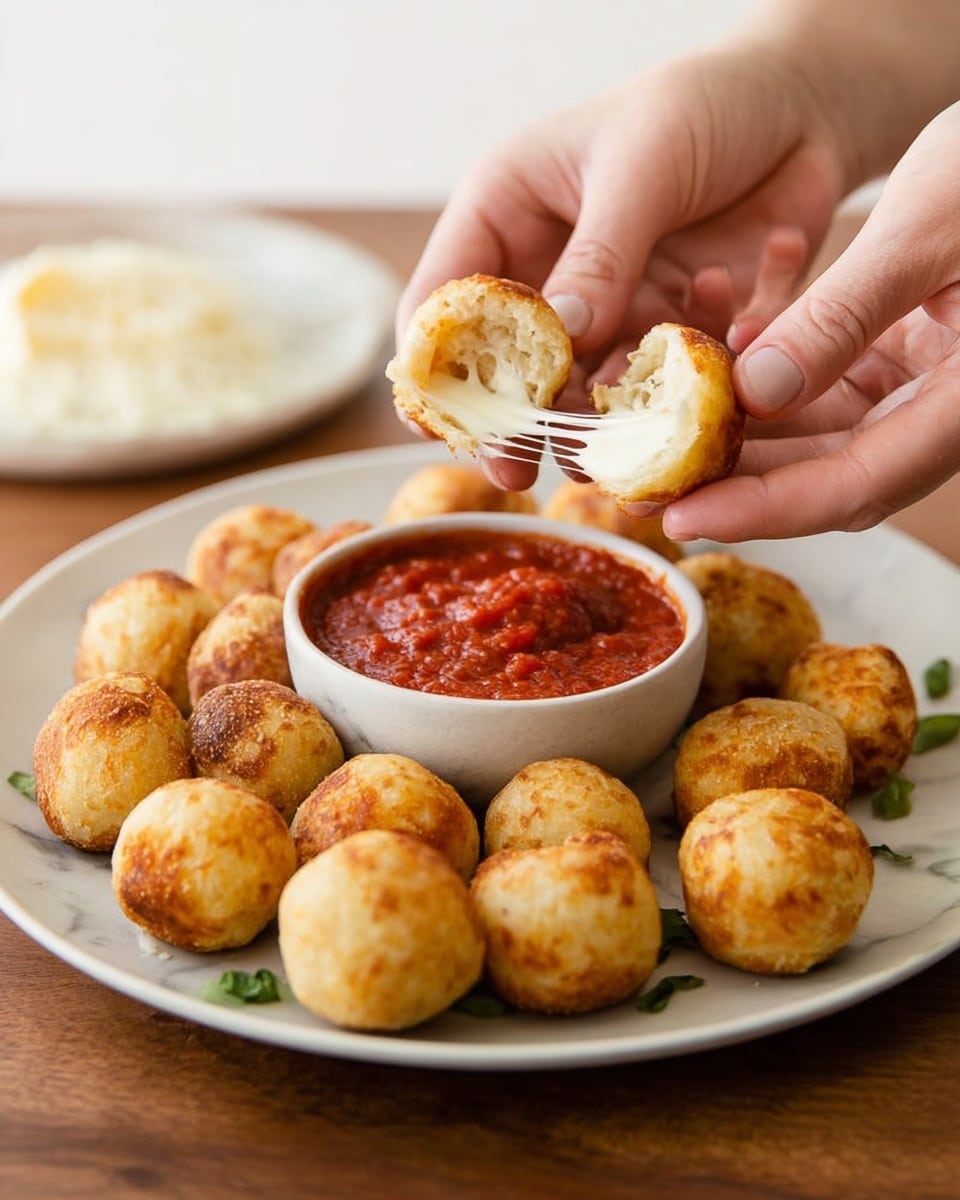 A white plate filled with about a dozen small, round, golden-brown bread balls with a slightly crispy texture. In the middle of the plate, there is a small white bowl filled with thick, chunky red marinara sauce. A woman's hands are pulling one bread ball apart, showing melted white cheese stretching between the two halves. The plate and bowl are on a white marbled surface, and the background is softly blurred. photo taken with an iphone --ar 4:5 --v 7