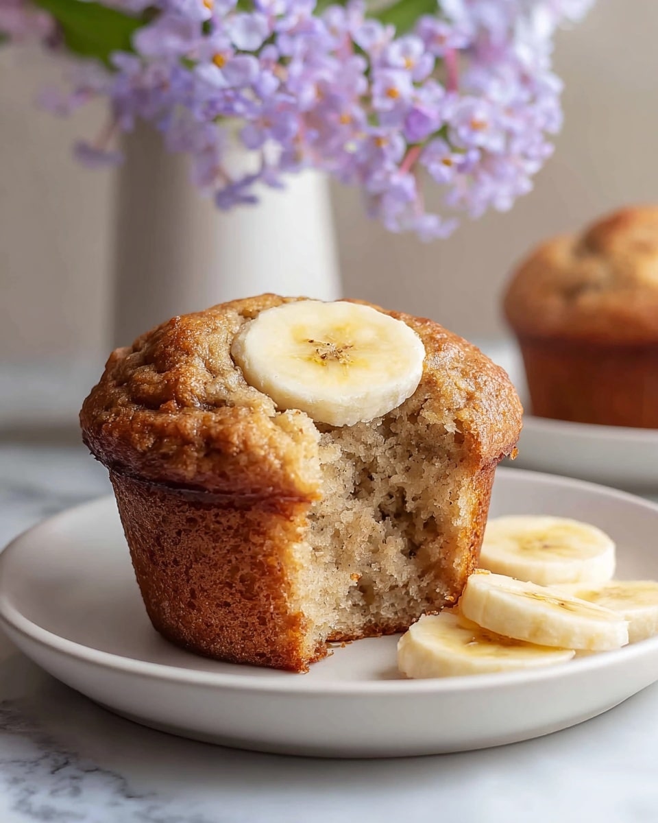 Six golden brown banana muffins each topped with a single round slice of banana sit closely on a white plate. The muffins have a moist texture with a few small air bubbles visible on the surface. The plate rests on a soft pastel pink cloth with gentle folds. In the lower right corner, there is a small white bowl filled with more banana slices. In the upper right corner, a white vase holds small purple flowers with yellow centers. The whole scene is set against a white marbled surface. photo taken with an iphone --ar 4:5 --v 7
