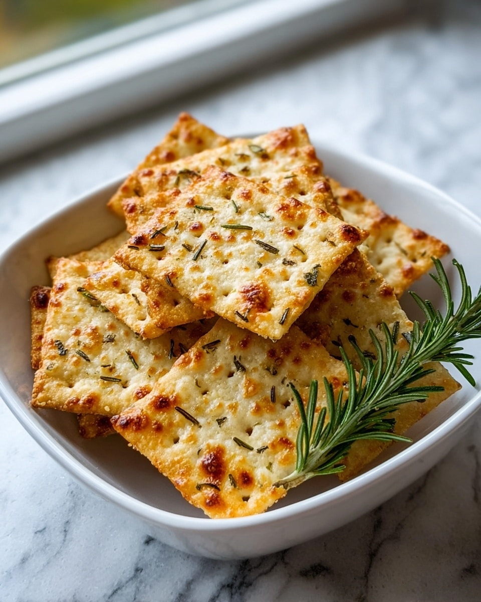 A white plate filled with a stack of about two layers of square, golden-brown crackers sprinkled with green herbs and small rosemary leaves on top, with some crackers slightly overlapping each other. Behind the plate on a wooden board, there is another blurred pile of similar crackers and fresh rosemary sprigs. The scene is set on a white marbled surface with a soft window light in the background. Photo taken with an iphone --ar 4:5 --v 7