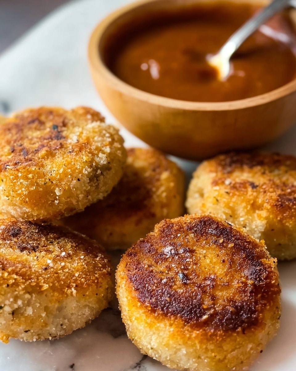 The image shows four small golden brown patties with a crispy texture, arranged close together on a white marbled surface. Each patty has a slightly uneven, crunchy exterior that is lightly browned in places, giving them a warm, appetizing look. Behind the patties is a round wooden bowl filled with a smooth, reddish-brown sauce, with a silver spoon inside. The colors contrast nicely between the golden patties, dark sauce, and white marble background, emphasizing the food’s texture and richness. Photo taken with an iphone --ar 4:5 --v 7
