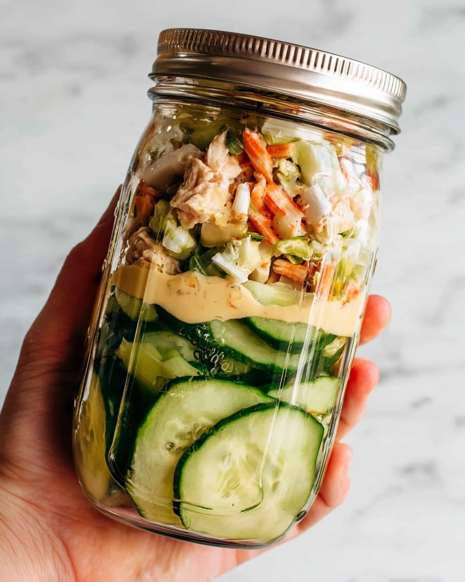 A clear glass jar held by a woman's hand is filled with layers of fresh food, starting from the bottom with thick, green slices of cucumber showing a slightly glossy texture. Above the cucumbers, there are chunks of light beige meat mixed with small pieces of orange and white crab sticks, both looking firm and slightly shiny. Near the top, there is a thin layer of creamy, pale yellow sauce drizzled over the meat and crab pieces. The jar has a metal lid, and the background is a white marbled surface. photo taken with an iphone --ar 4:5 --v 7