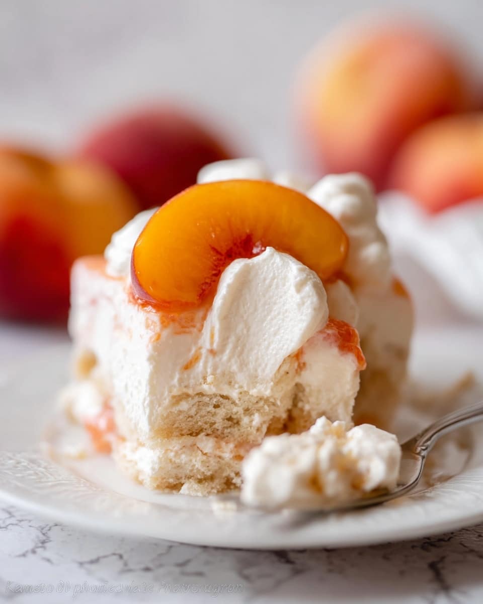 The image shows a close-up of a dessert on a white plate with three main layers: the bottom layer is a light cake with soft texture and pale brown color; the middle layer is creamy and white with a smooth, thick texture; the top layer features dollops of fluffy whipped cream and a glossy slice of bright orange fruit placed on top of the cream, adding a fresh pop of color. The background includes blurred whole peaches and the plate is placed on a white marbled surface. A fork rests beside the dessert, slightly cutting into the soft layers. Photo taken with an iphone --ar 4:5 --v 7