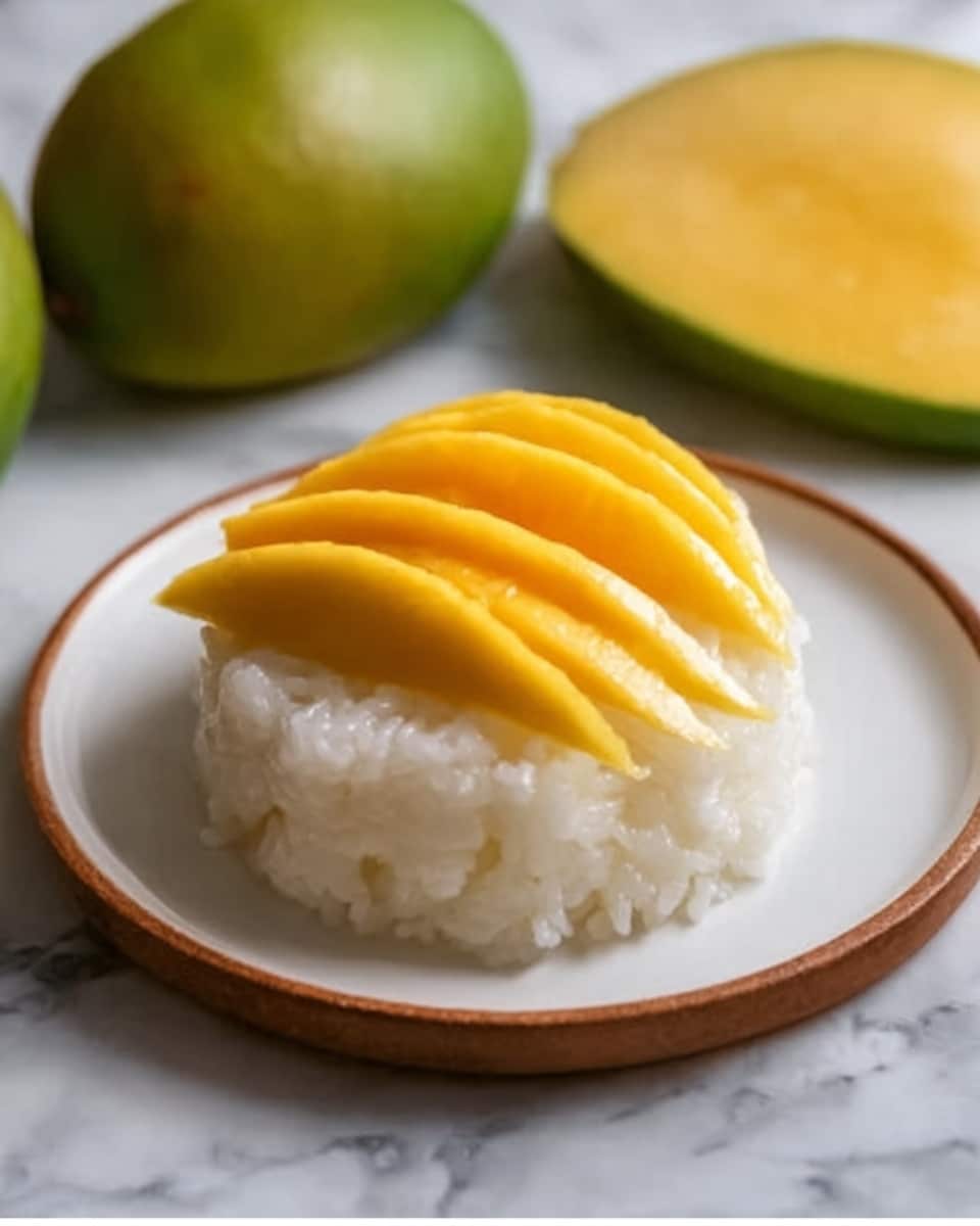 The image shows a small mound of white sticky rice placed at the center of a round white plate. On top of the rice, there are several slices of bright yellow mango arranged in a neat, slightly fanned-out pattern. The texture of the sticky rice looks soft and slightly shiny, while the mango slices appear smooth and juicy. In the background, there is a white marbled surface and parts of two green mangoes with yellow flesh visible near the top edges of the frame. photo taken with an iphone --ar 4:5 --v 7