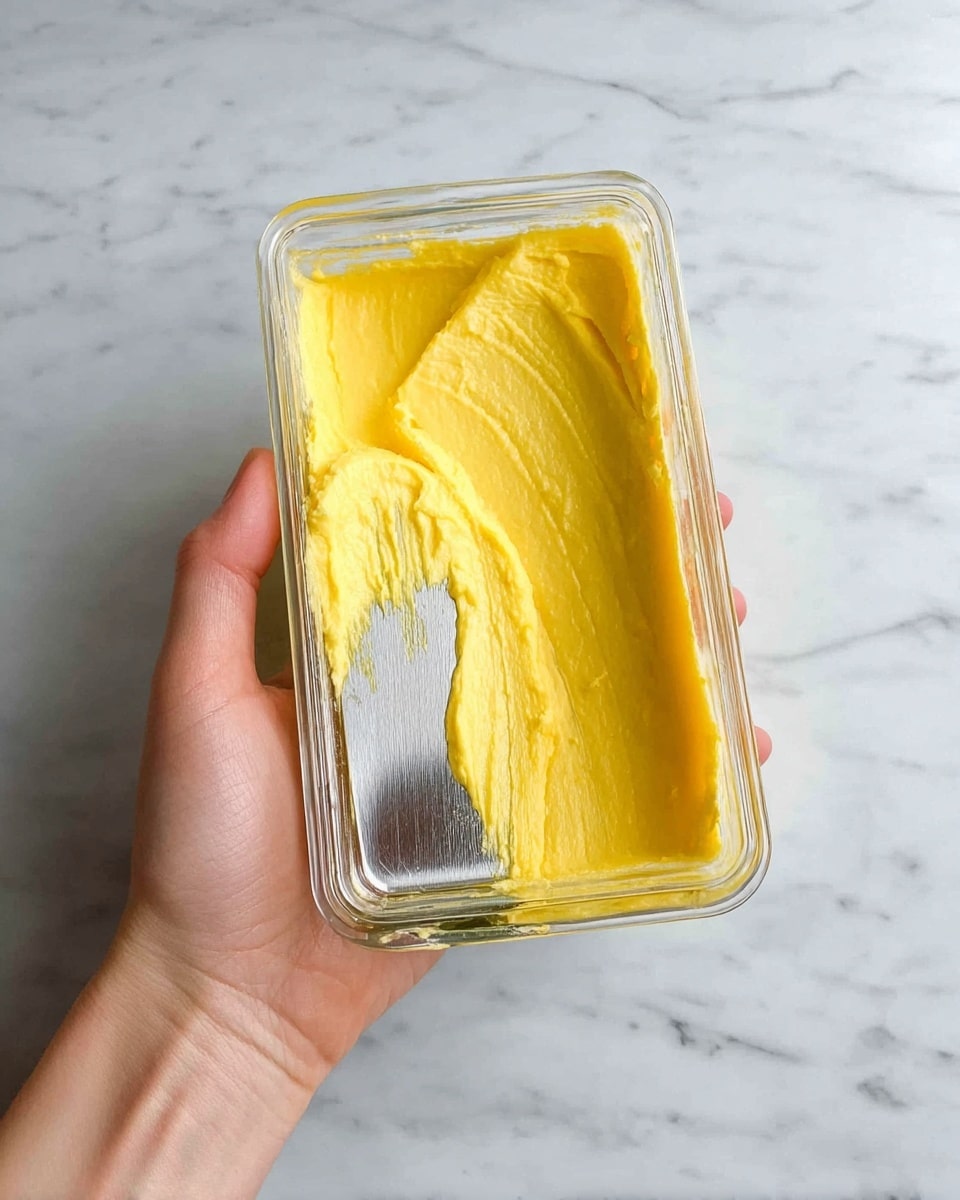 A clear rectangular glass container with a smooth, thick yellow spread inside, partially scraped away to show the shiny bottom on one corner, held by a woman’s hand against a white marbled surface background, the yellow spread covers about half the bottom and sides, with a creamy texture and a clean edge where it has been scraped. photo taken with an iphone --ar 4:5 --v 7