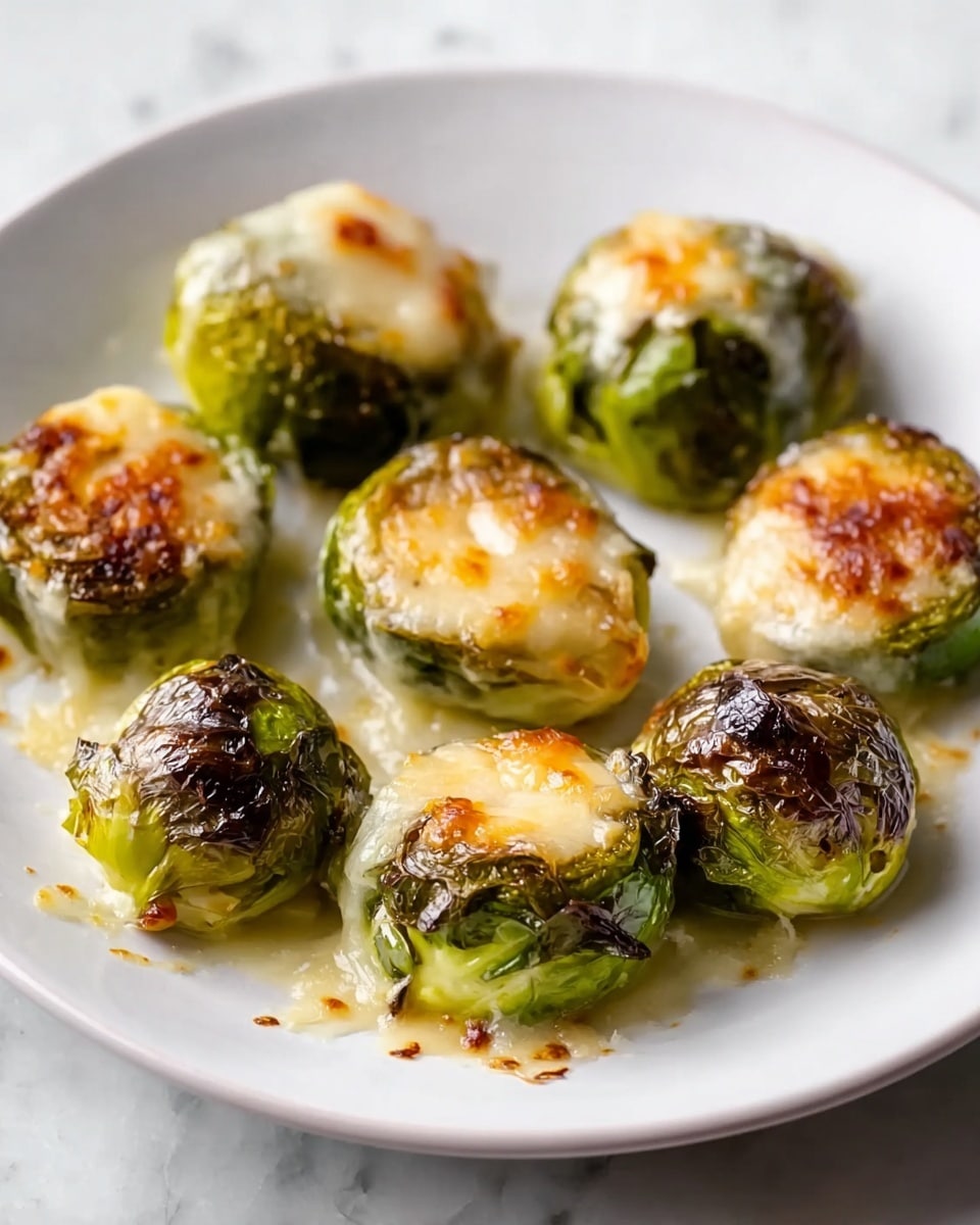 A white plate holds seven small Brussels sprouts, each showing a different stage of roasting with layers of green leaves turning golden brown and dark caramel on top. Each sprout is topped with melted, slightly browned cheese that looks creamy and bubbly, pooling a bit around the base. The texture of the Brussels sprouts contrasts between the soft, melted cheese and crispy, roasted leaf edges. The plate rests on a white marbled surface with a soft, natural light highlighting the dish. Photo taken with an iphone --ar 4:5 --v 7