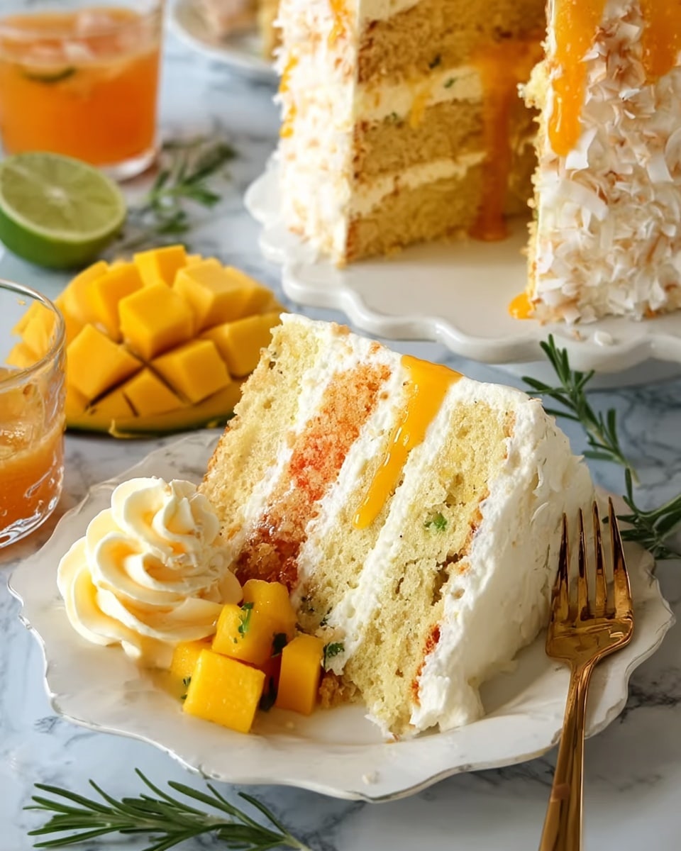A round cake covered in white shredded coconut stands on a white plate over a piece of brown parchment paper. The cake has three layers with light brown sponge and bright yellow mango filling in between. The top is decorated with six swirls of pale yellow cream, each topped with small cubes of mango and green rosemary sprigs. A woman's hand holds a cake server lifting a slice, showing the neat layers and creamy mango filling inside. The background is a clean white marbled texture, with a small white jar and a mango visible around the cake. photo taken with an iphone --ar 4:5 --v 7
