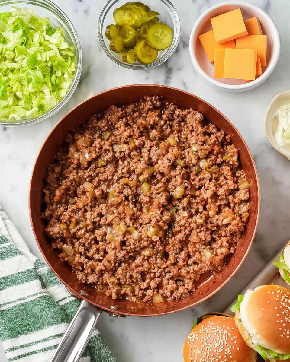 The image shows a cooked ground meat mixture in a large copper-colored pan with a silver handle placed on a white marbled surface. Around the pan, there are several ingredients arranged: a glass bowl of chopped green lettuce in the top left, a small glass bowl with green pickle slices next to it, a stack of orange square cheese slices at the top center, a small white bowl that appears empty to the right of the pickles, and three sandwich buns with sesame seeds on the right side. A green and white striped cloth is partially visible under the pan on the left side. Photo taken with an iphone --ar 4:5 --v 7