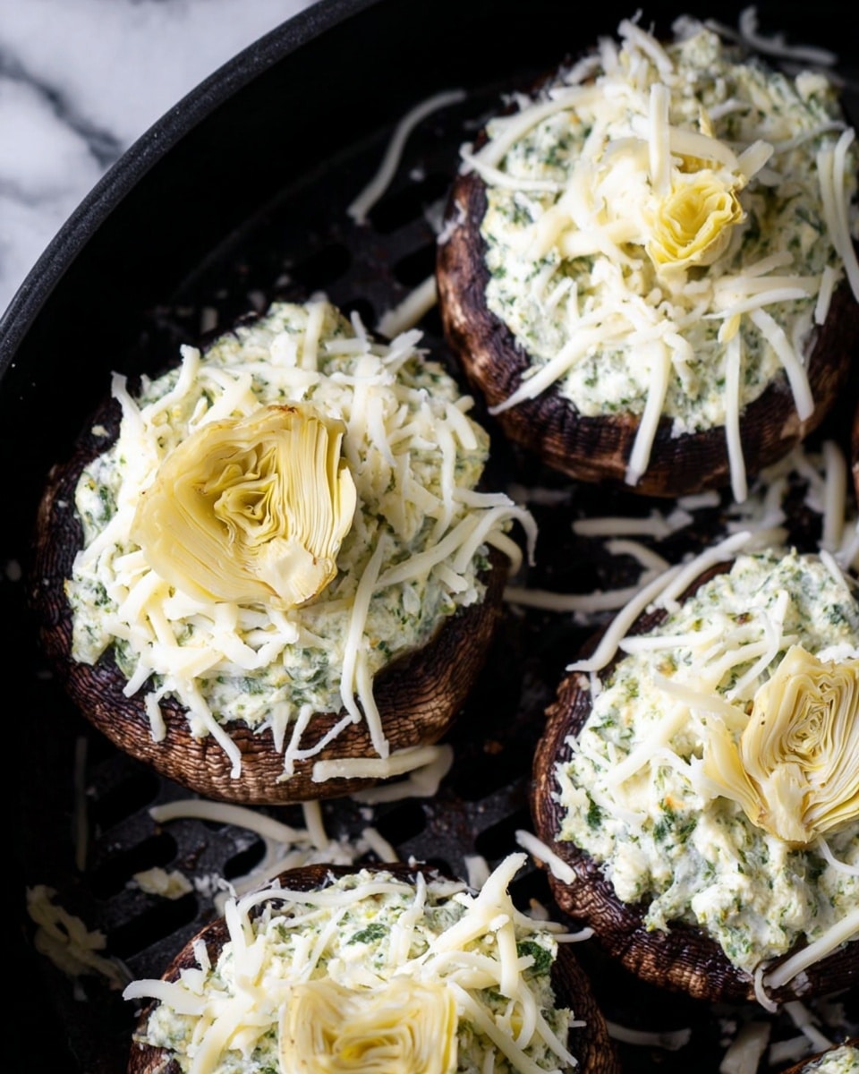The image shows four large dark brown mushrooms each topped with three layers: the bottom layer is a creamy green herb mixture filling the mushroom cap, the middle layer is a white shredded cheese spread generously over the green mixture, and the top layer is a small piece of pale yellow artichoke heart placed neatly in the center of the cheese. The mushrooms are arranged closely together in a black pan, with some cheese strands scattered around. The background features a white marbled texture. photo taken with an iphone --ar 4:5 --v 7