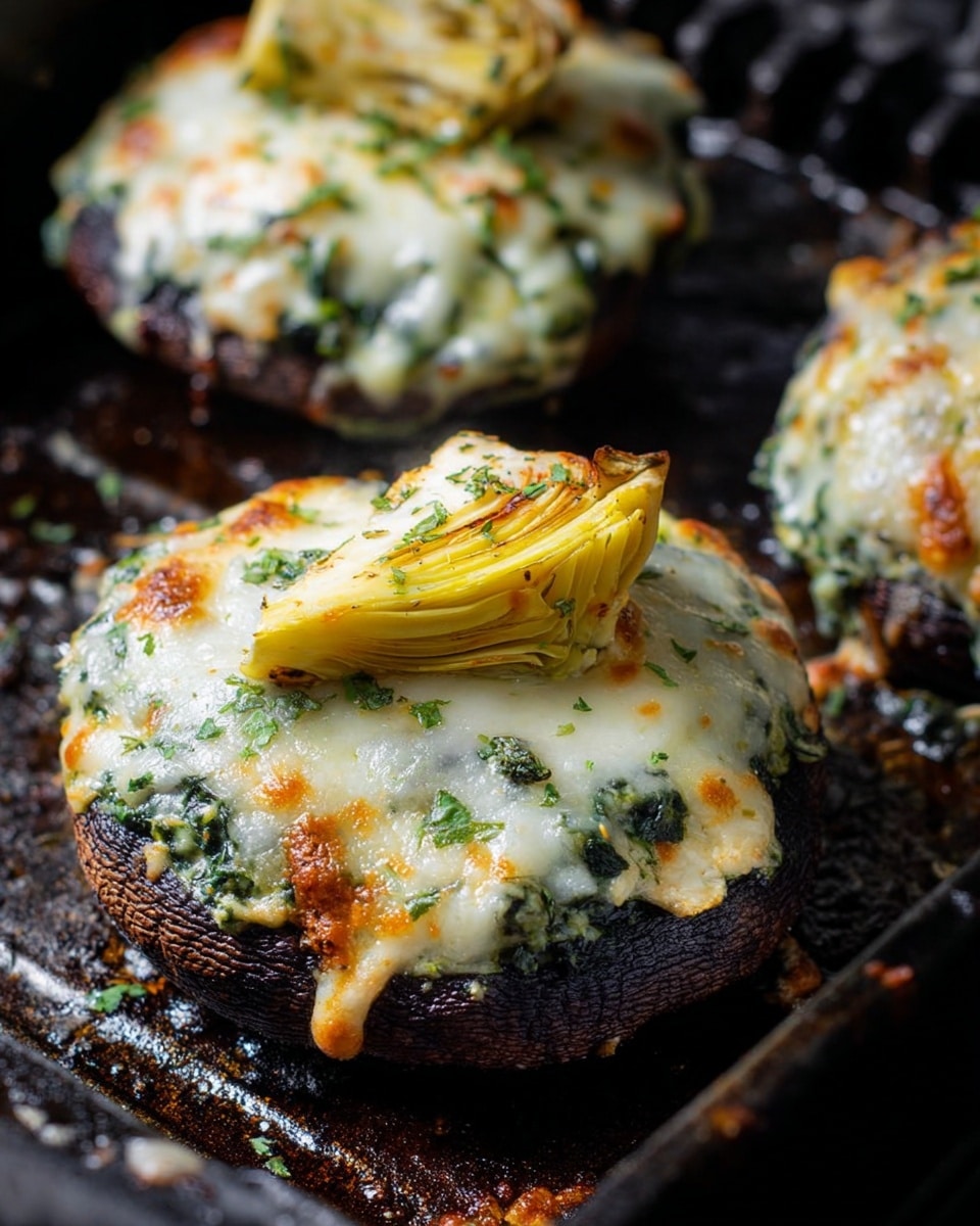 The dish shows three dark brown grilled portobello mushroom caps as the base layer, each topped with a thick layer of creamy green and white spinach mixture with a slightly rough texture. On top of this mixture is a layer of melted white cheese with golden brown spots and a stretchy, bubbly texture. One mushroom has a piece of light yellow grilled artichoke heart placed on top, adding a soft, layered look with some green herb flakes sprinkled around. The background is a dark grill tray, showing a rustic cooking setting, with hints of charred bits around the mushrooms. The photo is taken with an iphone --ar 4:5 --v 7