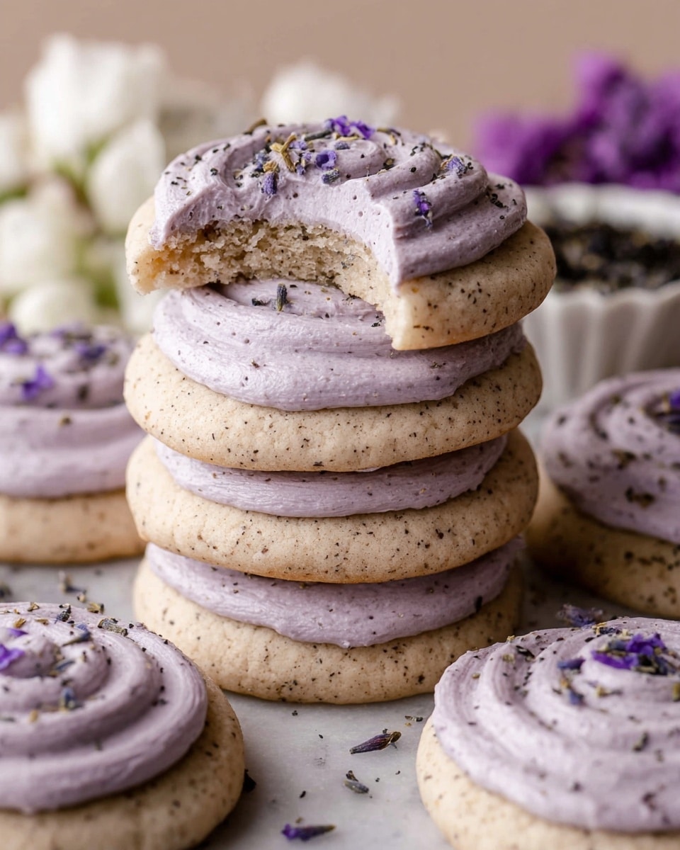 The image shows several round cookies with a smooth, pale purple frosting spread evenly on top. Each cookie has a single layer of thick frosting that looks creamy with soft swirls and a few small purple flower petals sprinkled on the surface. The cookies are arranged close together on a white marbled texture. A small white bowl filled with dark purple dried flowers is placed to the right side of the image, and a few sprigs of fresh purple flowers and small white blossoms are scattered around. The lighting is soft and natural, highlighting the gentle texture of the frosting and the delicate flower details. photo taken with an iphone --ar 4:5 --v 7