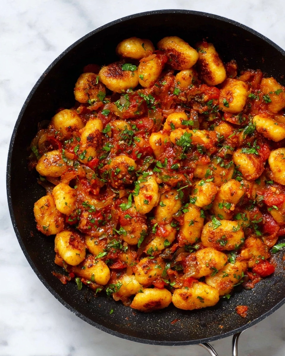 The image shows a black skillet filled with a single layer of golden-brown gnocchi pieces mixed with a chunky red tomato sauce that includes small bits of cooked tomato and onion. The gnocchi are browned and slightly crispy on the outside, scattered evenly throughout the pan. Finely chopped green herbs are sprinkled all over, adding bright color contrast to the warm tones of the dish. The skillet rests on a white marbled surface. Photo taken with an iphone --ar 4:5 --v 7