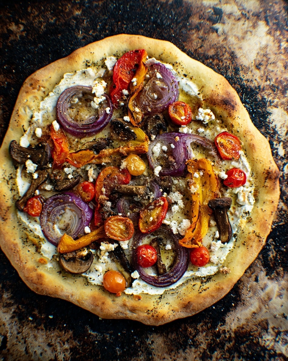 The image shows a close-up of a pizza with two visible layers: the bottom layer is a thick, golden-brown, and slightly charred crust with a soft texture, while the top layer is a mix of creamy white sauce spread unevenly and various colorful toppings. Toppings include thin slices of purple onion rings, small halved cherry tomatoes with bright red and orange colors, mushrooms in dark brown shades, and scattered black olives. Crumbs of a light, crumbly cheese are sprinkled over the pizza, adding a contrasting texture. The pizza rests on a white marbled surface. Photo taken with an iphone --ar 4:5 --v 7