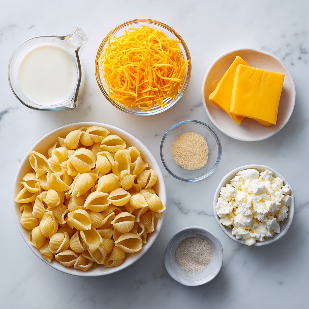 A top view of six cooking ingredients arranged neatly on a white marbled surface, each in separate containers: a large white bowl fills with uncooked yellow shell pasta, a small white bowl holds shredded bright orange cheddar cheese, a small clear glass contains white milk, a metal measuring cup sits with white lumpy cottage cheese, a tiny white dish has beige garlic powder, and a small clear glass bowl contains coarse white kosher salt. Each ingredient is clearly visible and labeled with black text below or beside it. Photo taken with an iphone --ar 4:5 --v 7