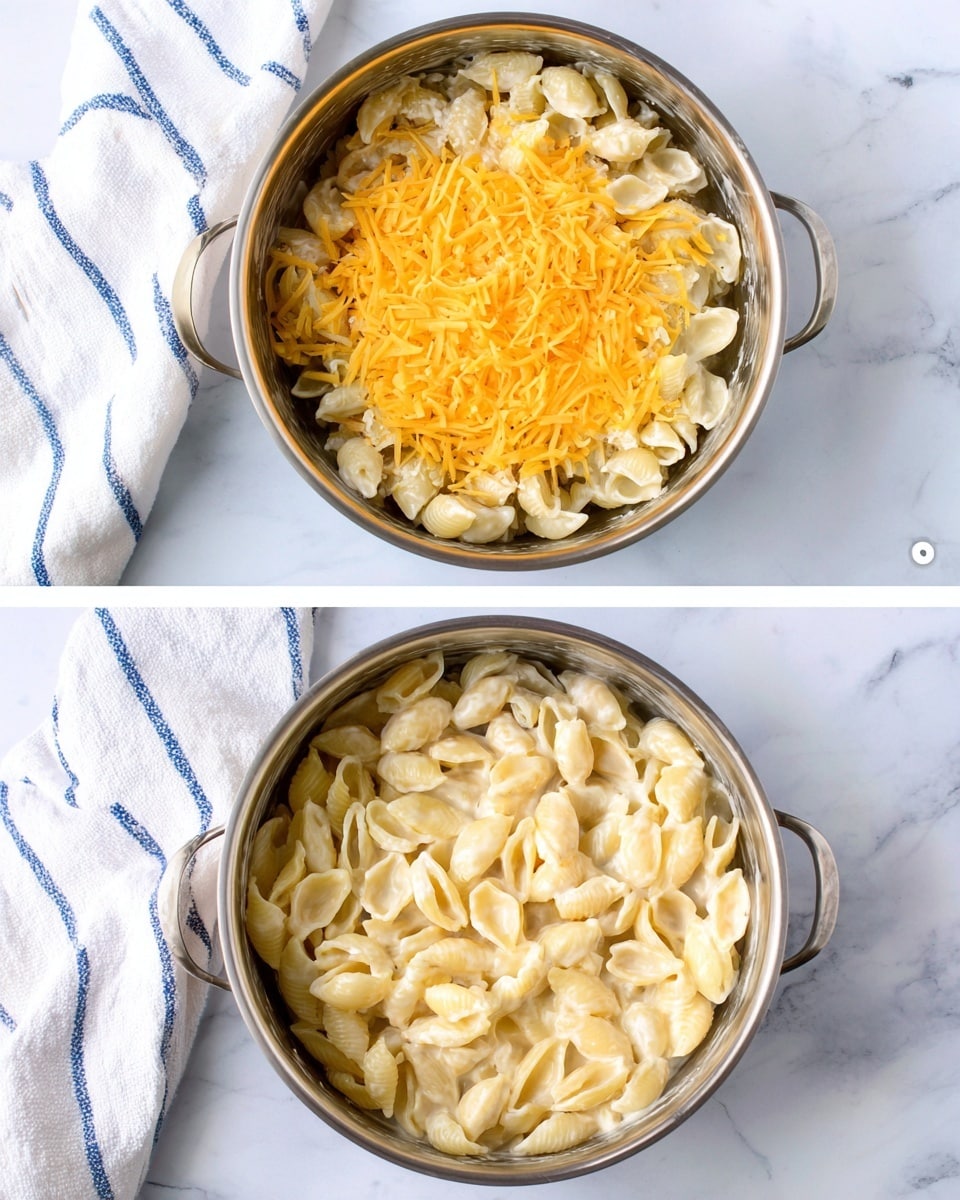Two round metal pots sit on a white marbled surface with a white cloth with blue lines nearby. The left pot shows a layer of pasta shells mixed with white sauce at the bottom, covered with a thin layer of shredded yellow cheese on top, creating a textured orange-yellow mound in the center. The right pot shows the same pasta shells all coated and mixed well in a creamy off-white sauce, with no cheese on top, making the pasta look soft and smooth. Both pots are full and viewed from above. Photo taken with an iphone --ar 4:5 --v 7