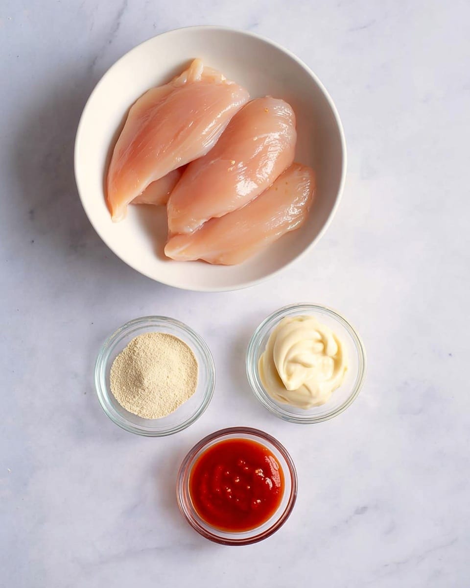 The image shows a white bowl at the top filled with four raw chicken tenders that are pale pink and smooth. Below the bowl, there are three small clear glass bowls arranged in a triangle on a white marbled surface: the left bowl contains a light beige garlic powder with a fine texture, the right bowl holds a bright red hot sauce with a shiny surface, and the bottom bowl has creamy white mayo with a smooth texture. The lighting is natural and soft, highlighting the fresh ingredients clearly. Photo taken with an iphone --ar 4:5 --v 7