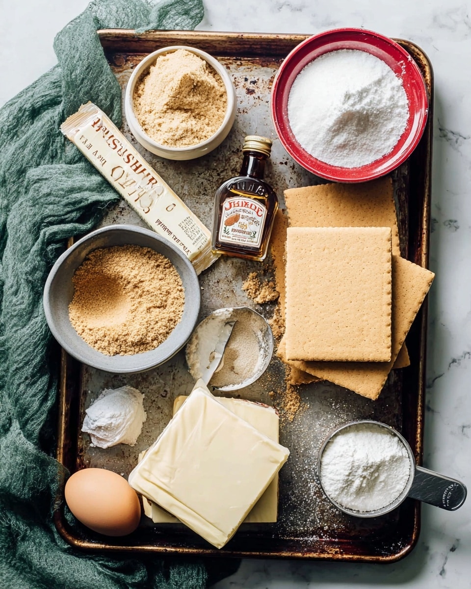 A worn metal baking tray holds various baking ingredients arranged neatly: a white bowl filled with fine light brown graham cracker crumbs sits in the upper right, next to a stack of light beige graham crackers on the right side; a small red bowl with white salt is placed near two sticks of butter wrapped in paper, positioned in the center; a clear bottle of vanilla extract lies on the upper left side; a gray bowl with packed light brown sugar and a smaller pile of the same sugar next to it is placed at the bottom left; an egg sits near a square of cream cheese in silver foil and a small unwrapped piece of butter sits nearby; a metal measuring cup filled with white powder is resting on the butter sticks; the whole scene is set on a white marbled surface with a green cloth at the bottom left corner photo taken with an iphone --ar 4:5 --v 7