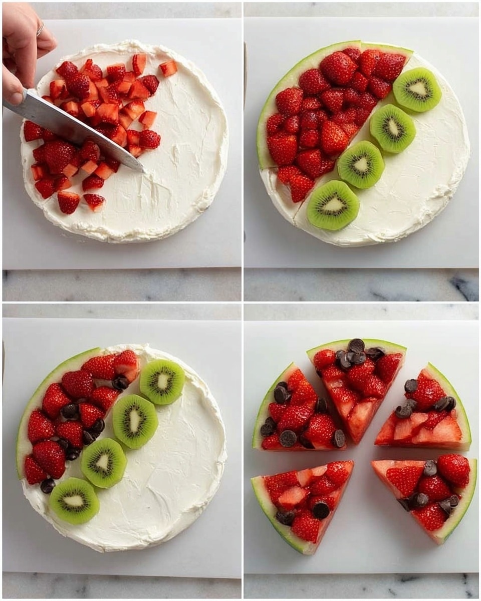 The image shows four steps of making a fruit dessert shaped like a watermelon slice, all on a white marbled surface. The first step shows a woman's hand chopping strawberries into small red pieces on a white cutting board with a small knife. The second step shows two half-circle layers of white cream spread on a base; one half is plain with some sliced green kiwi pieces neatly placed along the curved edge, and the other half is plain cream as well. The third step shows the first half-circle layer with the kiwi slices on the edge, and the second half-circle now fully covered with chopped strawberries. The fourth step shows the dessert after it is cut into triangular slices, with the top edge of each slice lined with kiwi, the inside filled with strawberries, and some dark chocolate chips placed on one half to look like watermelon seeds. photo taken with an iphone --ar 4:5 --v 7