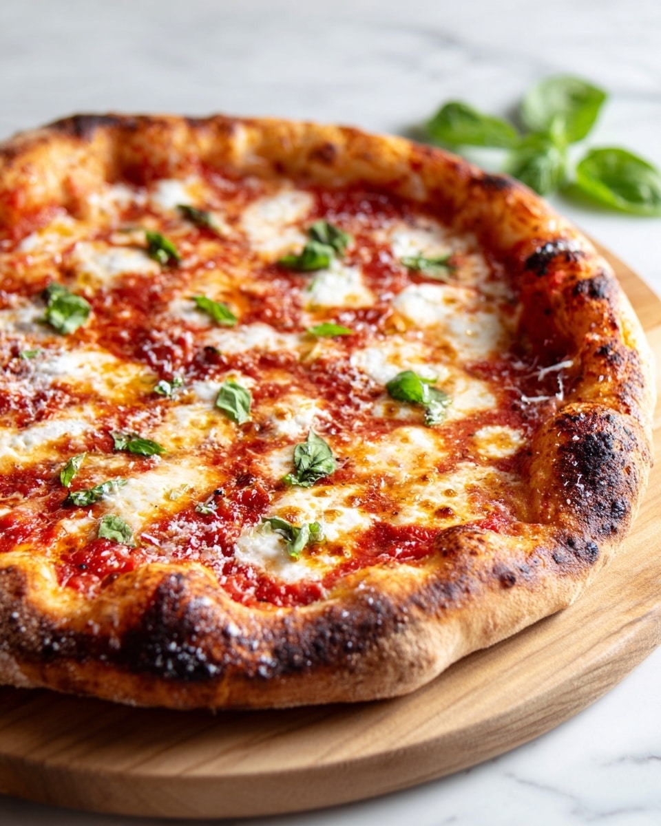 A round pizza with a thick, golden-brown crust that is slightly charred on the edges sits on a light brown wooden board. The pizza has a bright red tomato sauce spread evenly across its surface, topped with small white patches of melted cheese scattered around, creating a soft texture contrast. Fresh green basil leaves are placed on top, adding a pop of vibrant color. The background shows a clean white marbled surface with a few basil leaves blurred in the distance. The image is bright with natural lighting and taken close-up, focusing on the pizza's details. photo taken with an iphone --ar 4:5 --v 7