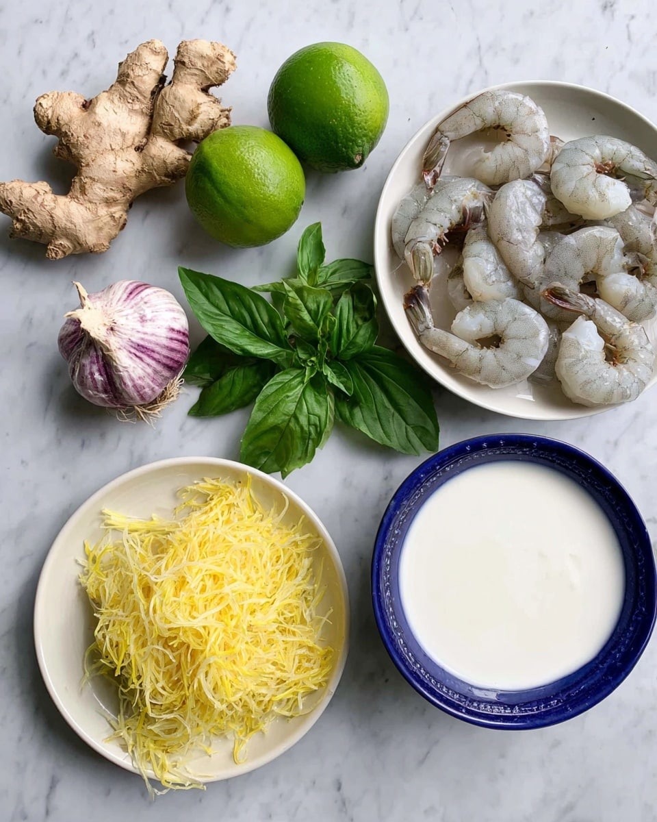 The image shows cooking ingredients arranged neatly on a white marbled surface. At the top left, there is a piece of light brown ginger root next to two bright green limes. Below the limes are two garlic cloves and a whole garlic bulb with purple streaks. In the center, there is a small bunch of fresh dark green basil leaves. At the top right, peeled raw shrimp with grayish-white and light purple tones lie on a white plate. At the bottom, a second white plate is filled with shredded pale yellow squash or vegetable strands. Next to the plate, there is a small blue-rimmed bowl filled with smooth, white coconut milk or cream. The items are separated clearly and well-lit, showing their fresh textures and colors. photo taken with an iphone --ar 4:5 --v 7