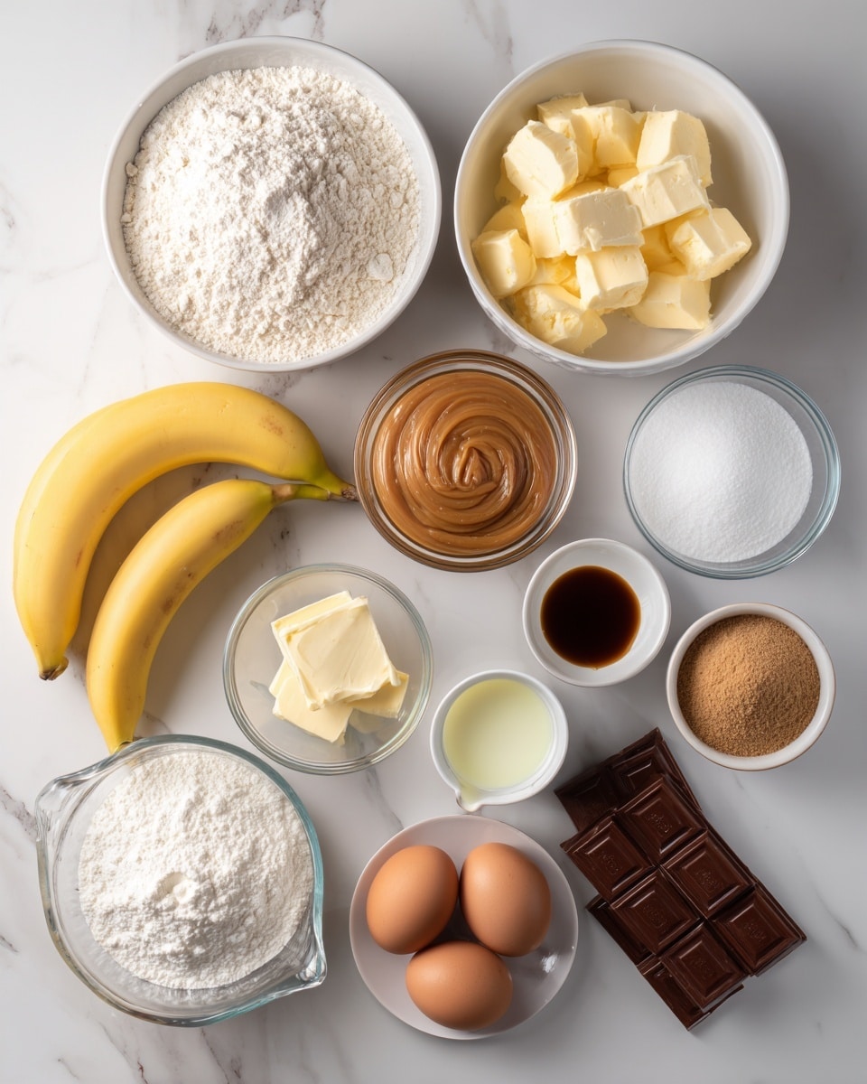 A top-down view of various baking ingredients arranged neatly on a white marbled surface, including a white bowl filled with white flour, another white bowl holding pale yellow butter pieces, and a clear glass bowl of white sugar. There are three bright yellow bananas resting next to a small clear glass bowl with light brown dulce de leche. Small white bowls contain salt, lemon juice, and icing sugar, while a tiny white bowl holds dark brown sugar. Two brown eggs sit side by side near a clear measuring jug filled with white cream. Another small white bowl holds a few pieces of chocolate, and a final small white bowl contains amber-colored vanilla extract. Each ingredient is clearly labeled with black text above or beside them, creating a clean and organized layout photo taken with an iphone --ar 4:5 --v 7