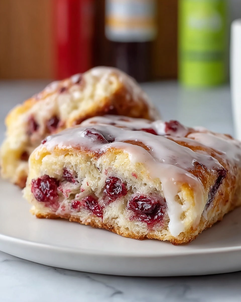 A close-up photo shows two pieces of baked pastry on a white plate with a white marbled background. Each piece has three main visible layers: the bottom crust is golden brown and slightly crispy, the middle layer is soft and airy with a light cream color and embedded dark red fruit filling, and the top layer is a shiny, smooth white glaze drizzled unevenly over the pastry. The pastry is cut to reveal the fluffy inside with clusters of rich, dark red fruit. Slight reflections and texture on the glaze add a fresh look. In the blurry background, there are condiment bottles in muted green and red colors. Photo taken with an iphone --ar 4:5 --v 7