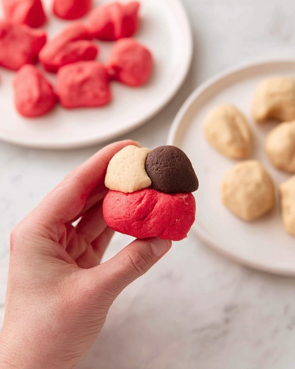 A woman's hand is holding a three-layer dough piece; the bottom layer is bright red with a soft texture, the middle layer is light beige and smooth, and the top layer is dark brown and slightly rough. In the background, there are two white plates on a white marbled surface, one plate shows multiple small red dough pieces and the other has scattered beige dough pieces. The photo taken with an iphone --ar 4:5 --v 7