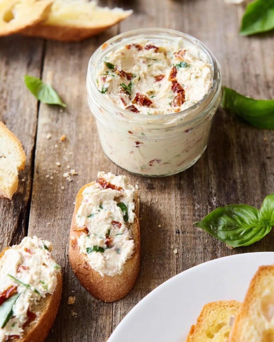 The image shows a small glass jar filled with a creamy spread mixed with bits of green herbs and red sun-dried tomatoes. Around the jar, there are three slices of toasted bread placed on a wooden surface. Each bread slice has a thick layer of the creamy spread evenly spread across, revealing the colors of the herbs and tomatoes in the spread. One torn piece of the bread with spread lies to the left, while a whole slice with the spread lies horizontally in the middle, and a small torn piece sits nearby. A white plate edge holds more toasted bread slices at the bottom right corner, and fresh green basil leaves are scattered on the wooden surface. The photo is taken with an iphone --ar 4:5 --v 7