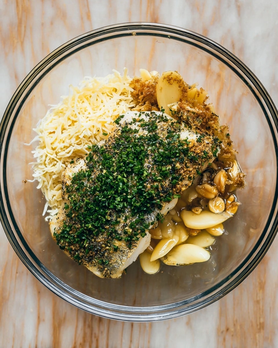 A clear glass bowl holds a mix of ingredients layered inside. At the bottom is a light layer of shredded pale yellow cheese, topped with small pieces of cooked garlic that are golden brown and shiny. Above the garlic lies a large piece of cooked fish with a light golden top and darker skin side, sprinkled with green chopped herbs covering part of the fish and the surrounding ingredients. The bowl sits on a white marbled surface. photo taken with an iphone --ar 4:5 --v 7