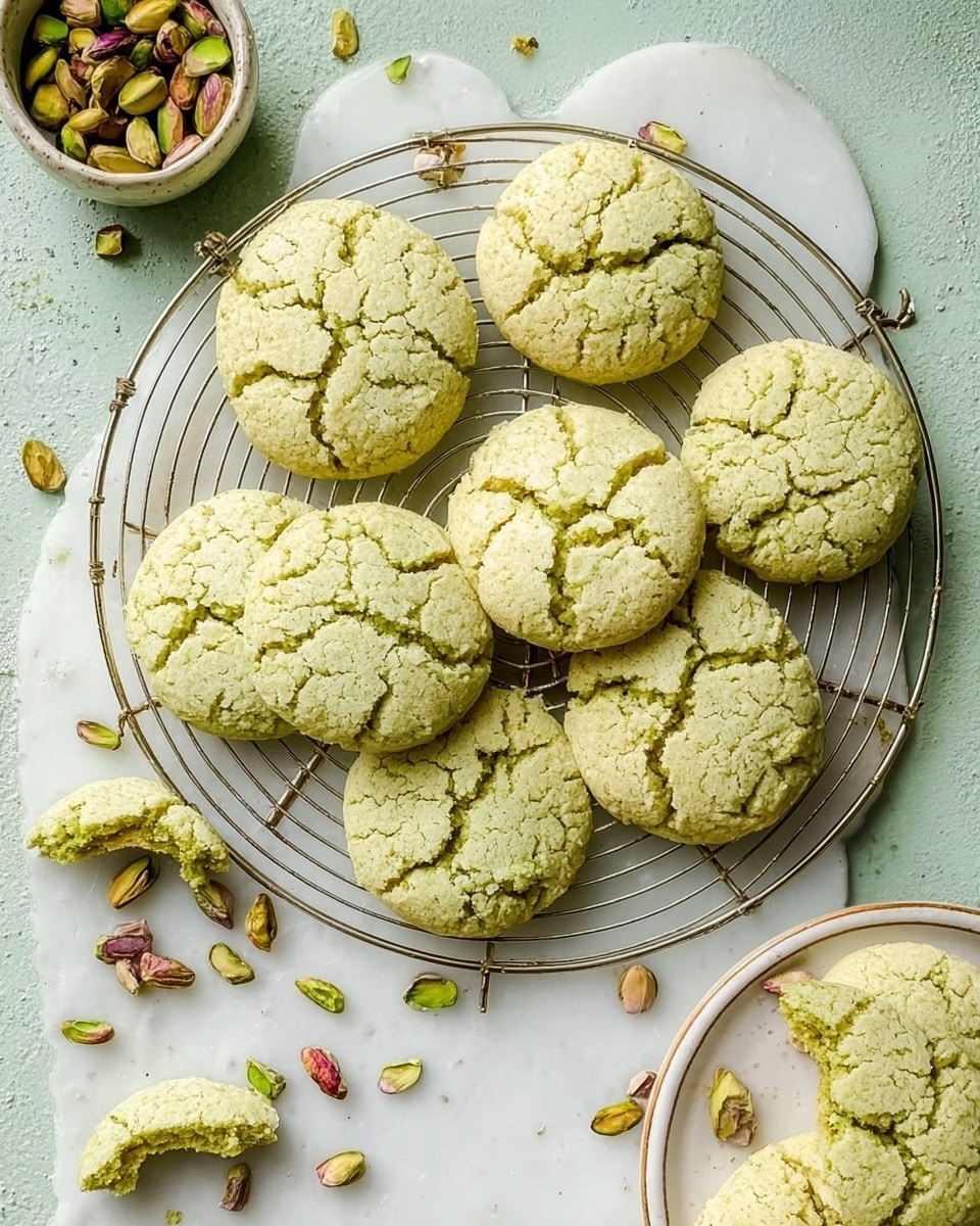 The image shows a group of pale green cookies with cracked tops arranged on a round white wire cooling rack, sitting on a white marbled surface. The cookies are round and soft looking, and there are scattered pistachio nuts in and out of their shells around and on the rack. One cookie is broken in half to show the crumbly inside texture. In the bottom right corner, part of a white plate with more cookies and pistachios is visible. The scene has a soft light that highlights the cookies' texture and the pistachios' natural colors. Photo taken with an iphone --ar 4:5 --v 7