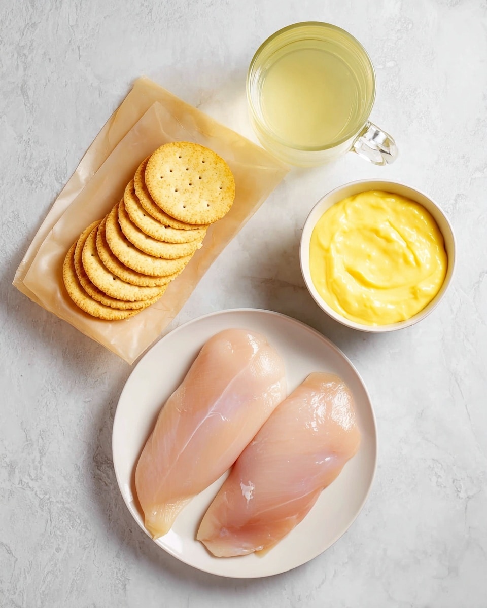 The image shows four raw light pink chicken fillets placed on a white plate at the bottom center. Above the plate, a white bowl is filled with bright yellow creamy sauce with a smooth texture. To the left of the plate, there is an opened beige packet with a stack of round golden crackers lined up neatly, with two crackers outside the packet on the white marbled surface. On the right side, there is a clear glass mug filled with a light yellow liquid. The whole scene is set on a white marbled texture background. photo taken with an iphone --ar 4:5 --v 7